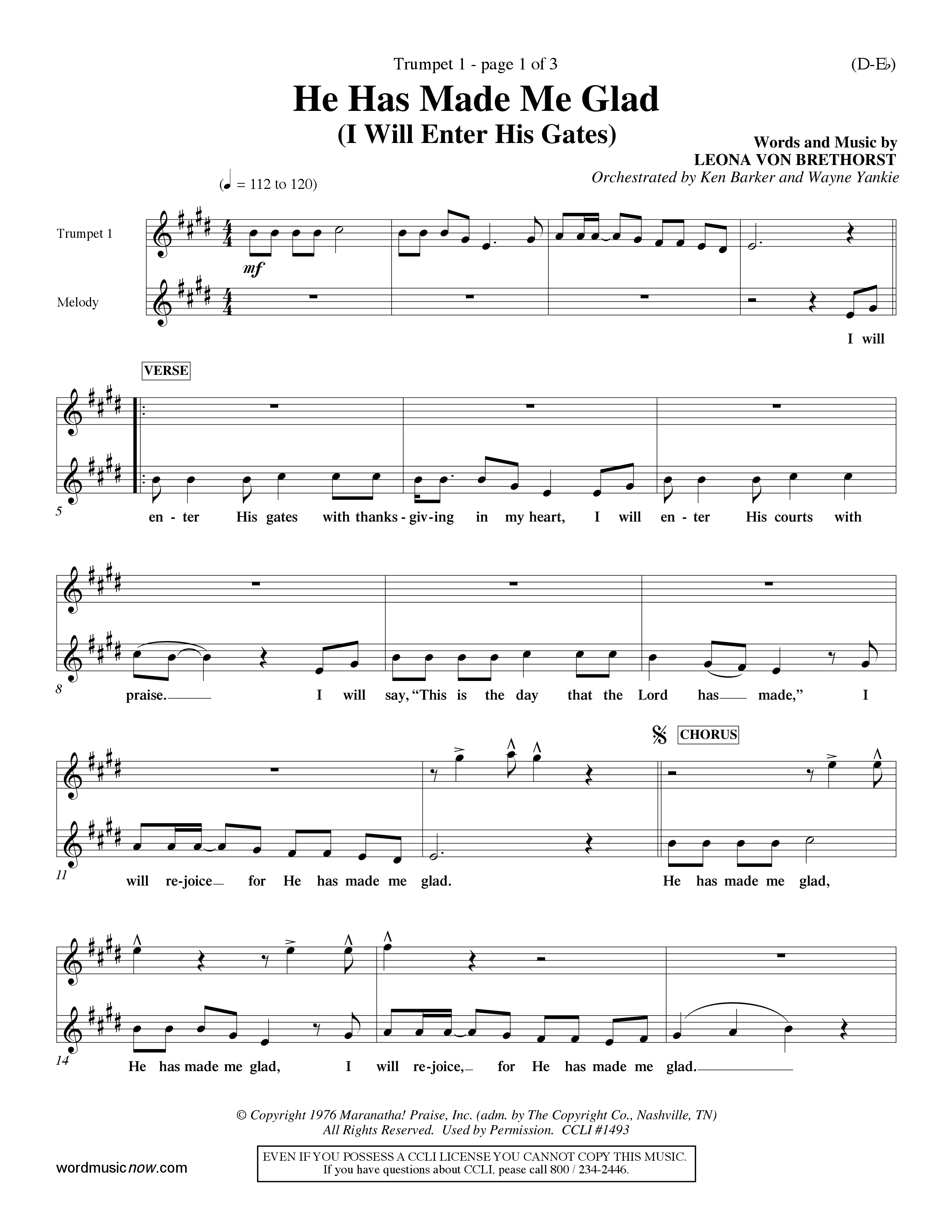 He Has Made Me Glad (Choral Anthem SATB) Trumpet 1 (Word Music Choral / Orch. Ken Barker / Orch. Wayne Yankie)