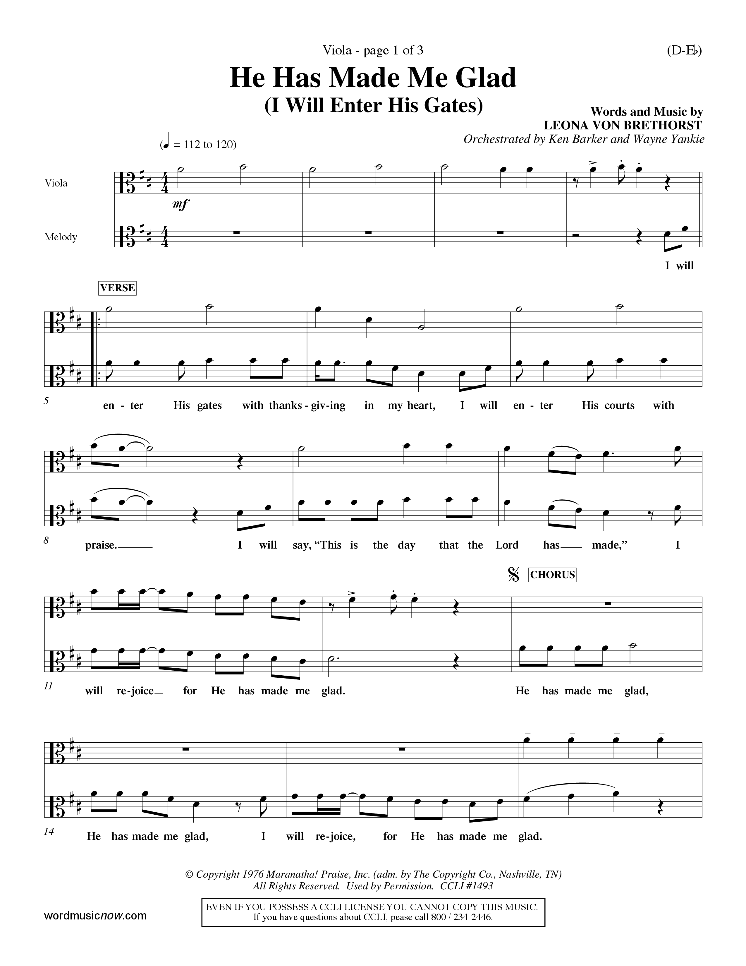 He Has Made Me Glad (Choral Anthem SATB) Viola (Word Music Choral / Orch. Ken Barker / Orch. Wayne Yankie)