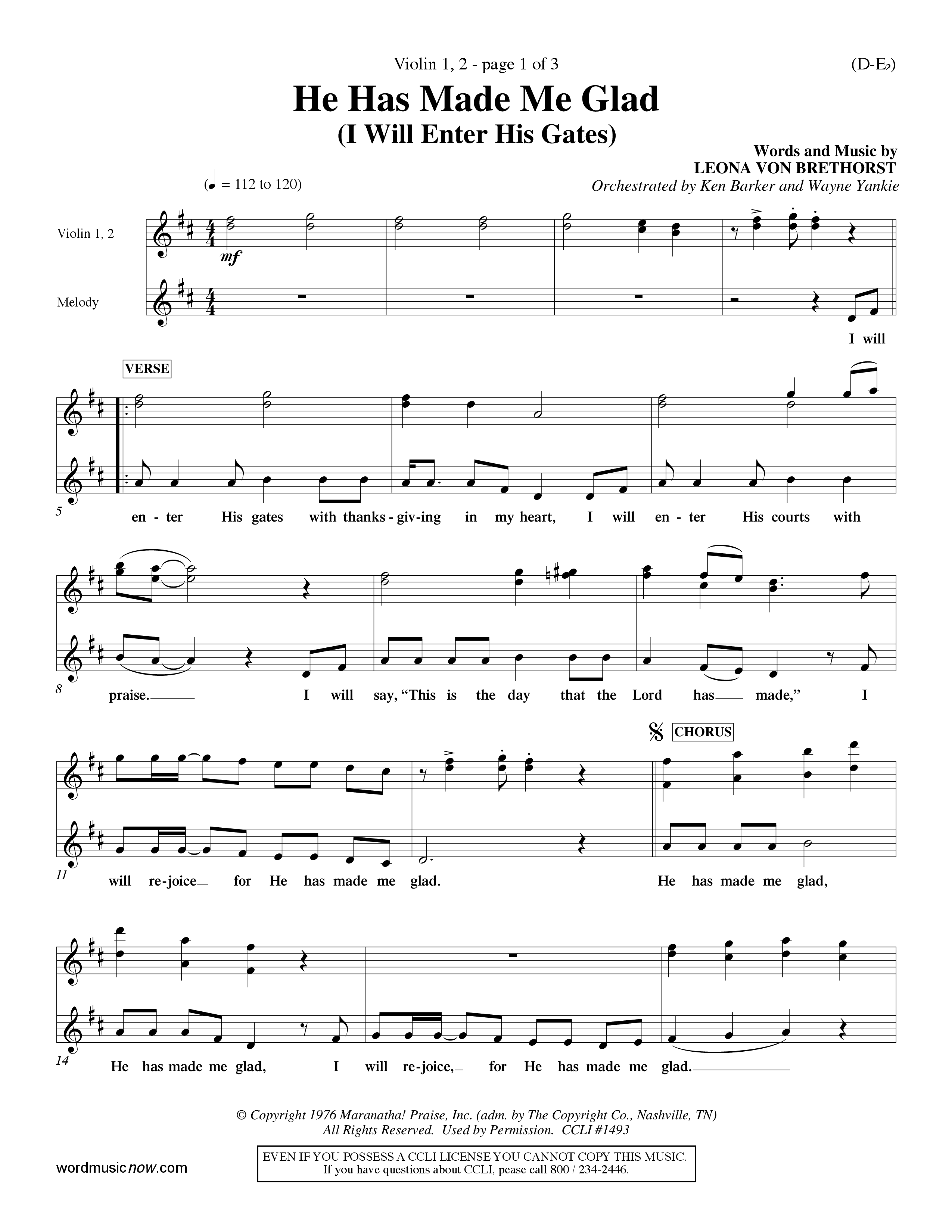 He Has Made Me Glad (Choral Anthem SATB) Violin 1/2 (Word Music Choral / Orch. Ken Barker / Orch. Wayne Yankie)