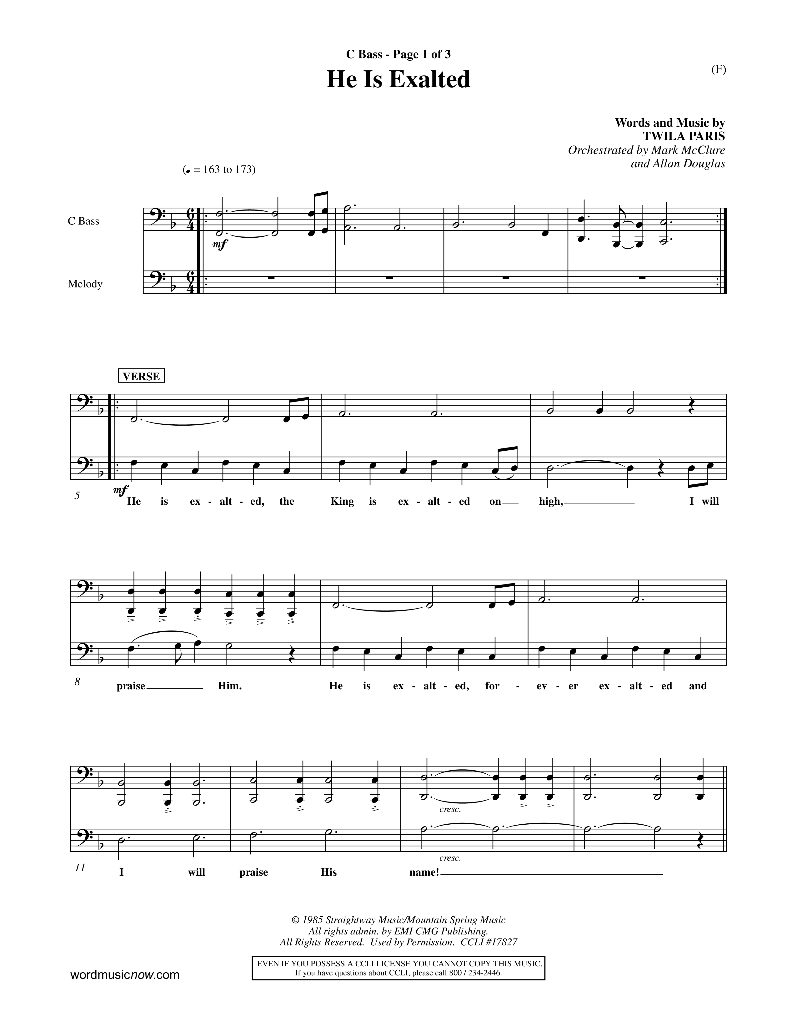 He Is Exalted (Choral Anthem SATB) Contrabass (Word Music Choral / Orch. Mark McClure / Orch. Allan Douglas)