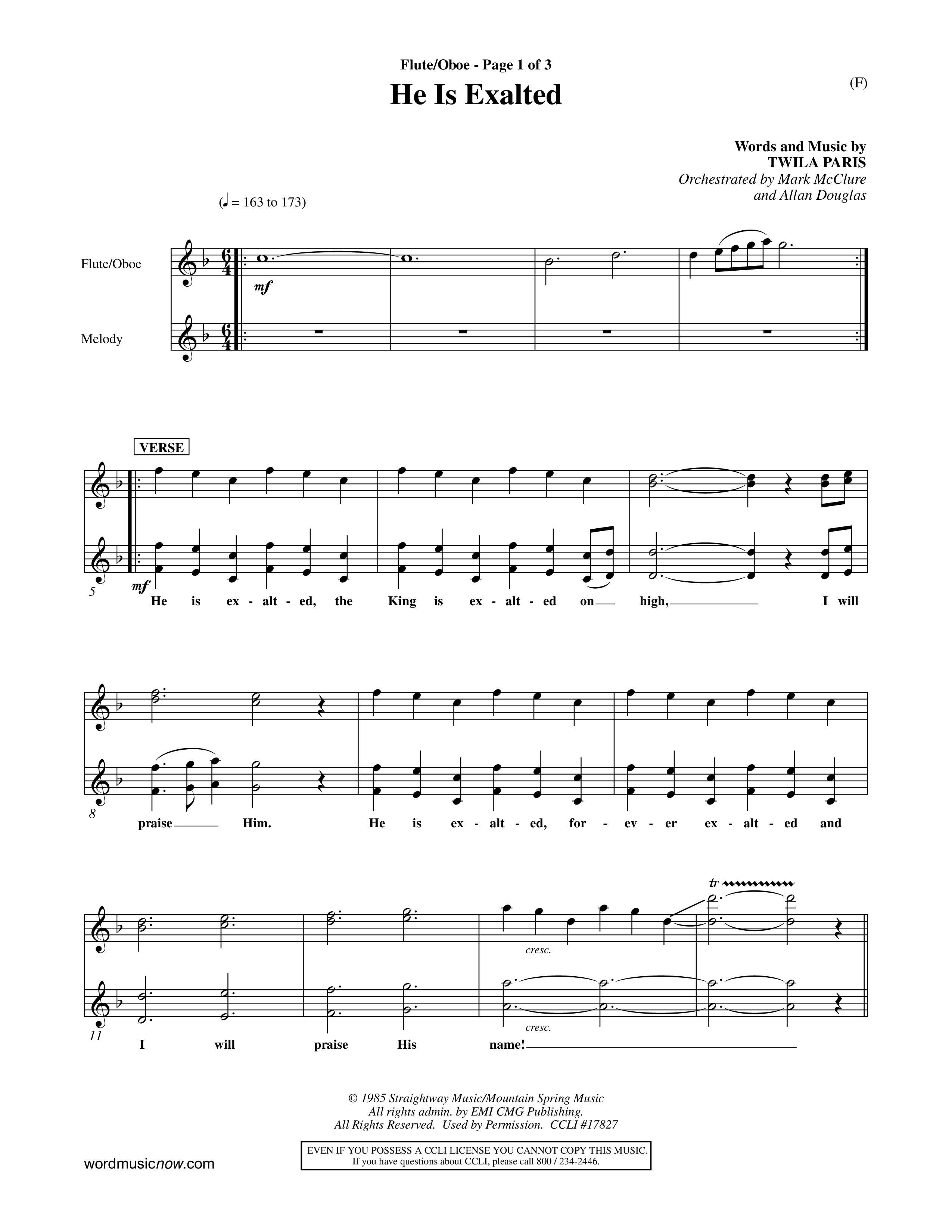 He Is Exalted (Choral Anthem SATB) Flute/Oboe (Word Music Choral / Orch. Mark McClure / Orch. Allan Douglas)
