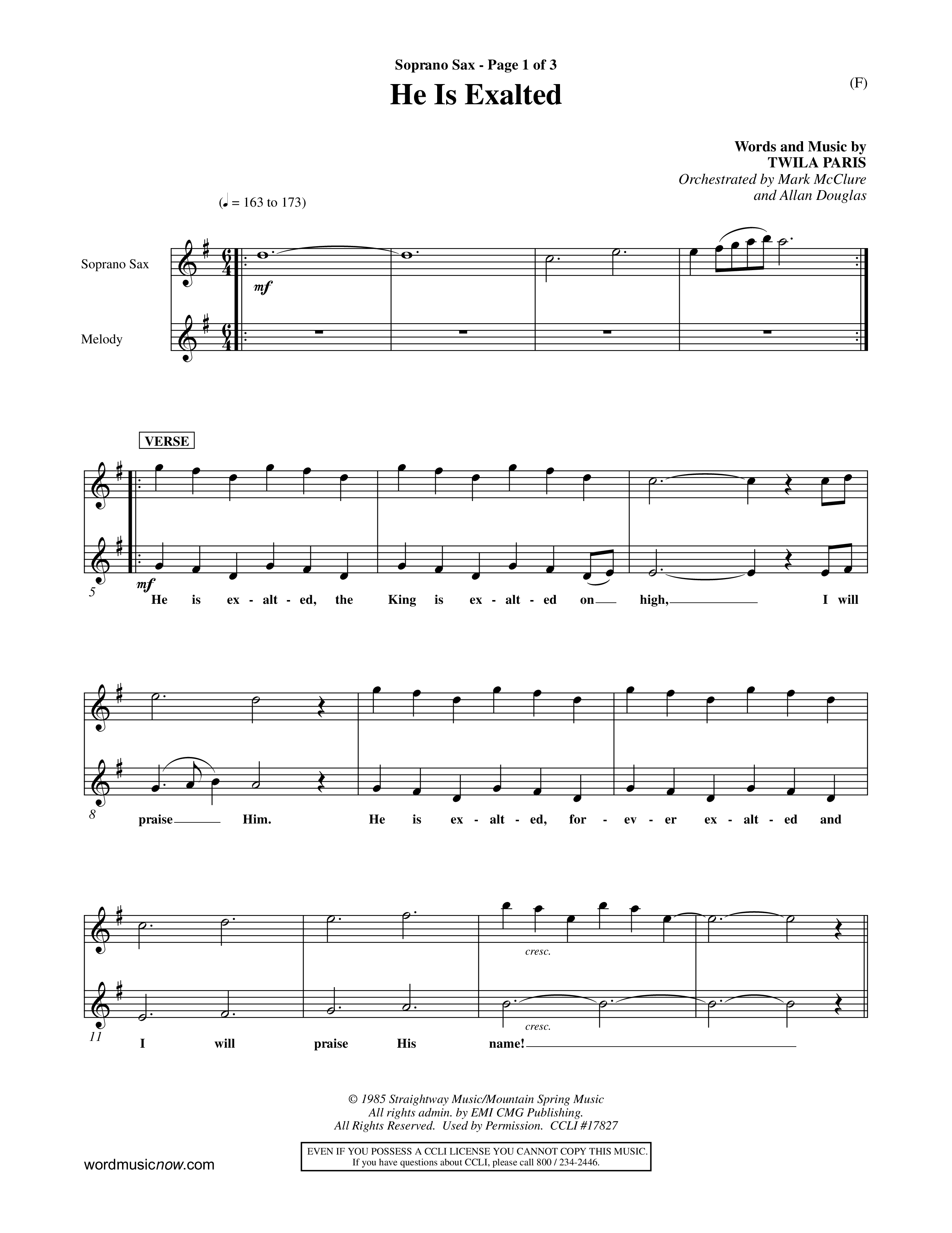 He Is Exalted (Choral Anthem SATB) Saxophone (Word Music Choral / Orch. Mark McClure / Orch. Allan Douglas)