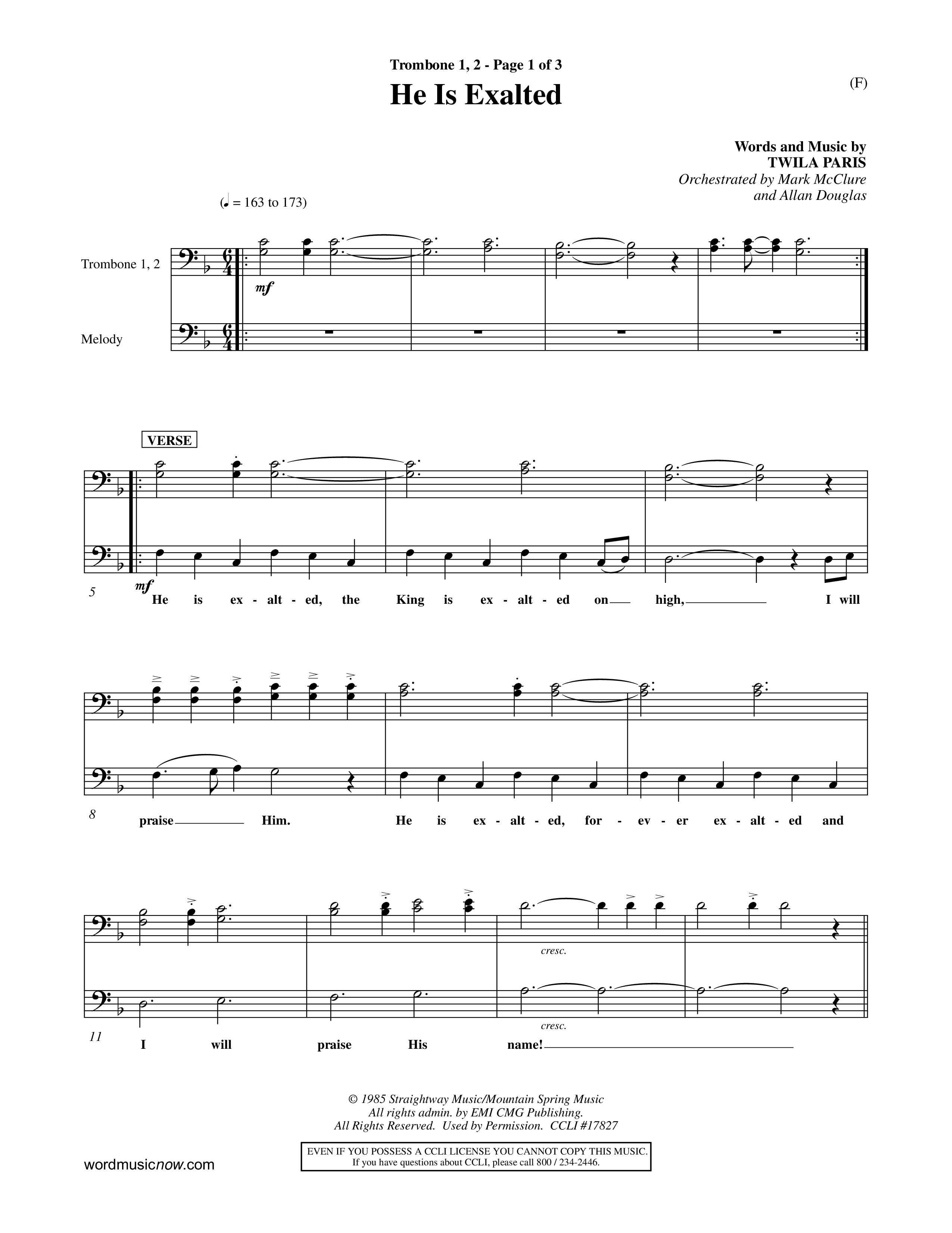 He Is Exalted (Choral Anthem SATB) Trombone 1/2 (Word Music Choral / Orch. Mark McClure / Orch. Allan Douglas)