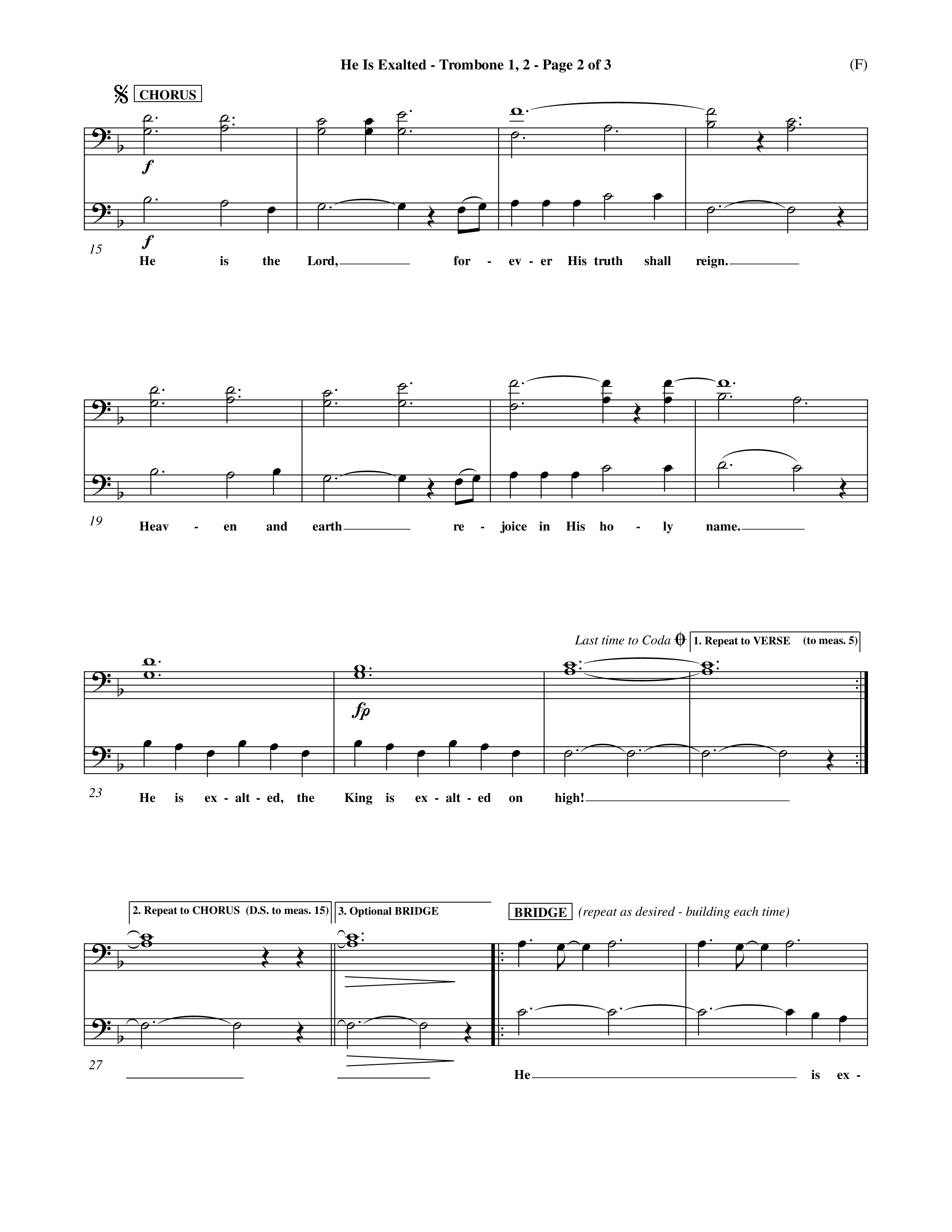 He Is Exalted (Choral Anthem SATB) Trombone 1/2 (Word Music Choral / Orch. Mark McClure / Orch. Allan Douglas)