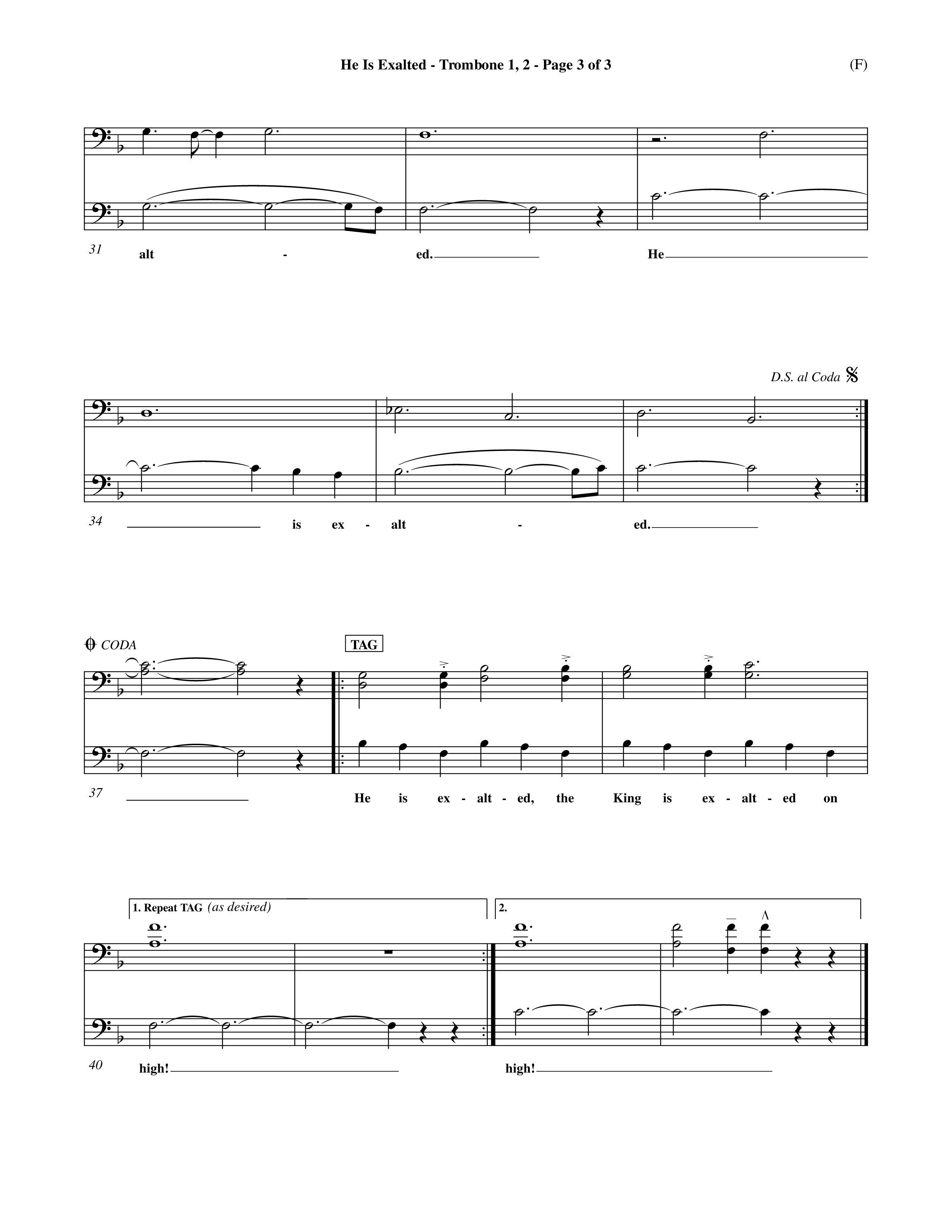 He Is Exalted (Choral Anthem SATB) Trombone 1/2 (Word Music Choral / Orch. Mark McClure / Orch. Allan Douglas)