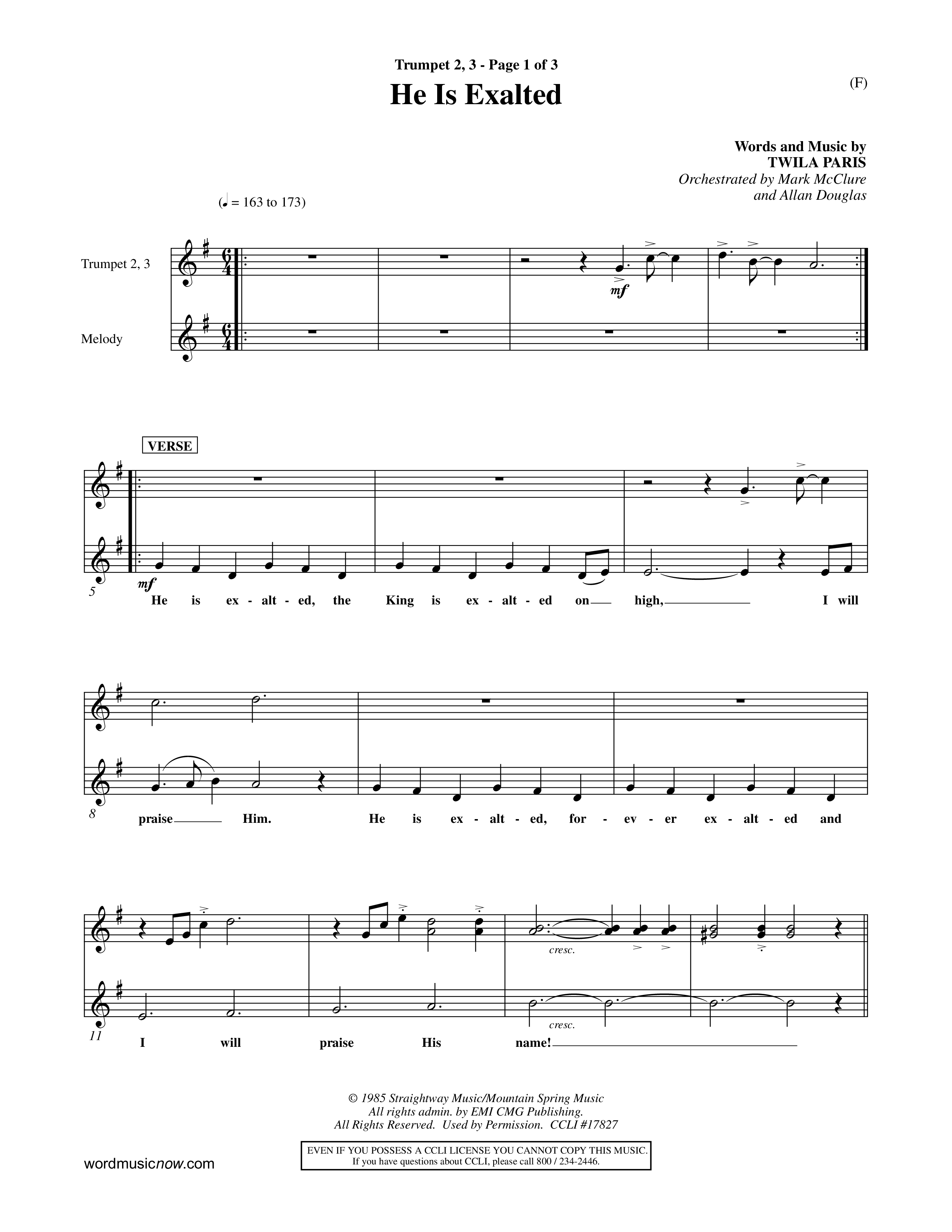 He Is Exalted (Choral Anthem SATB) Trumpet 2/3 (Word Music Choral / Orch. Mark McClure / Orch. Allan Douglas)
