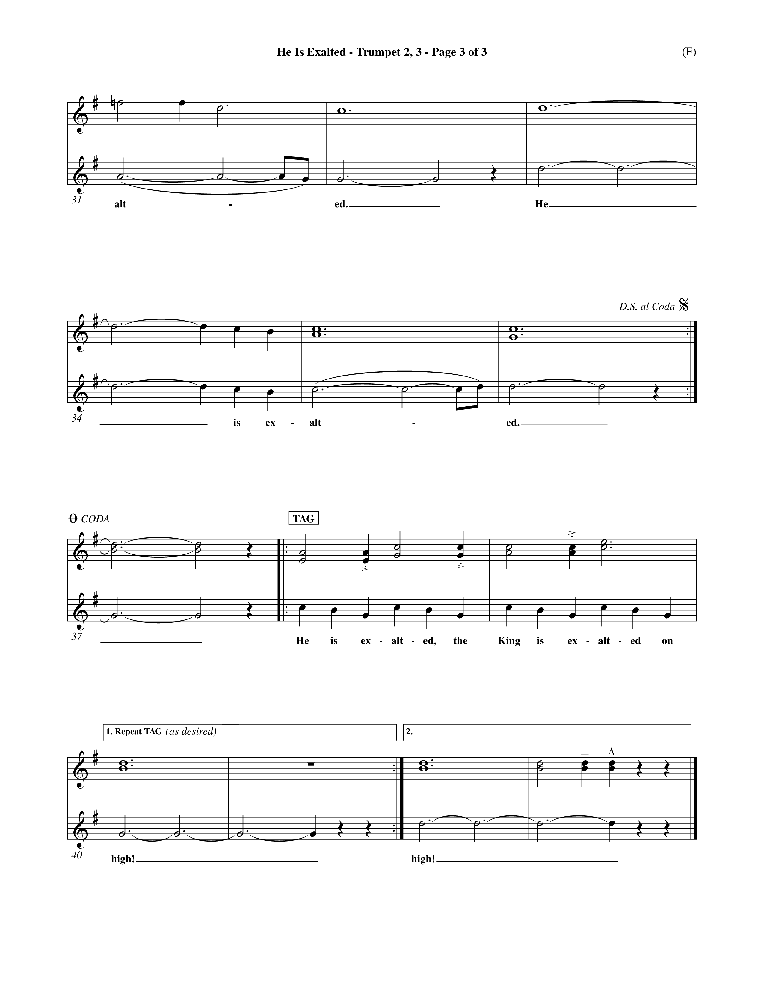 He Is Exalted (Choral Anthem SATB) Trumpet 2/3 (Word Music Choral / Orch. Mark McClure / Orch. Allan Douglas)