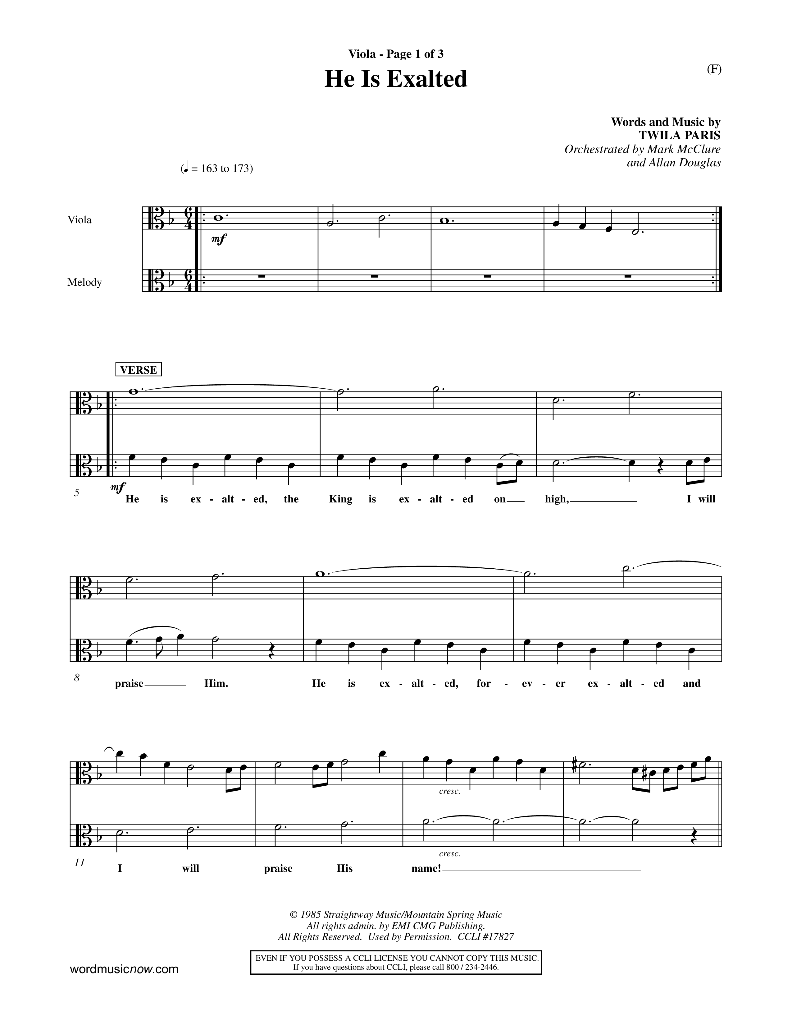 He Is Exalted (Choral Anthem SATB) Viola (Word Music Choral / Orch. Mark McClure / Orch. Allan Douglas)