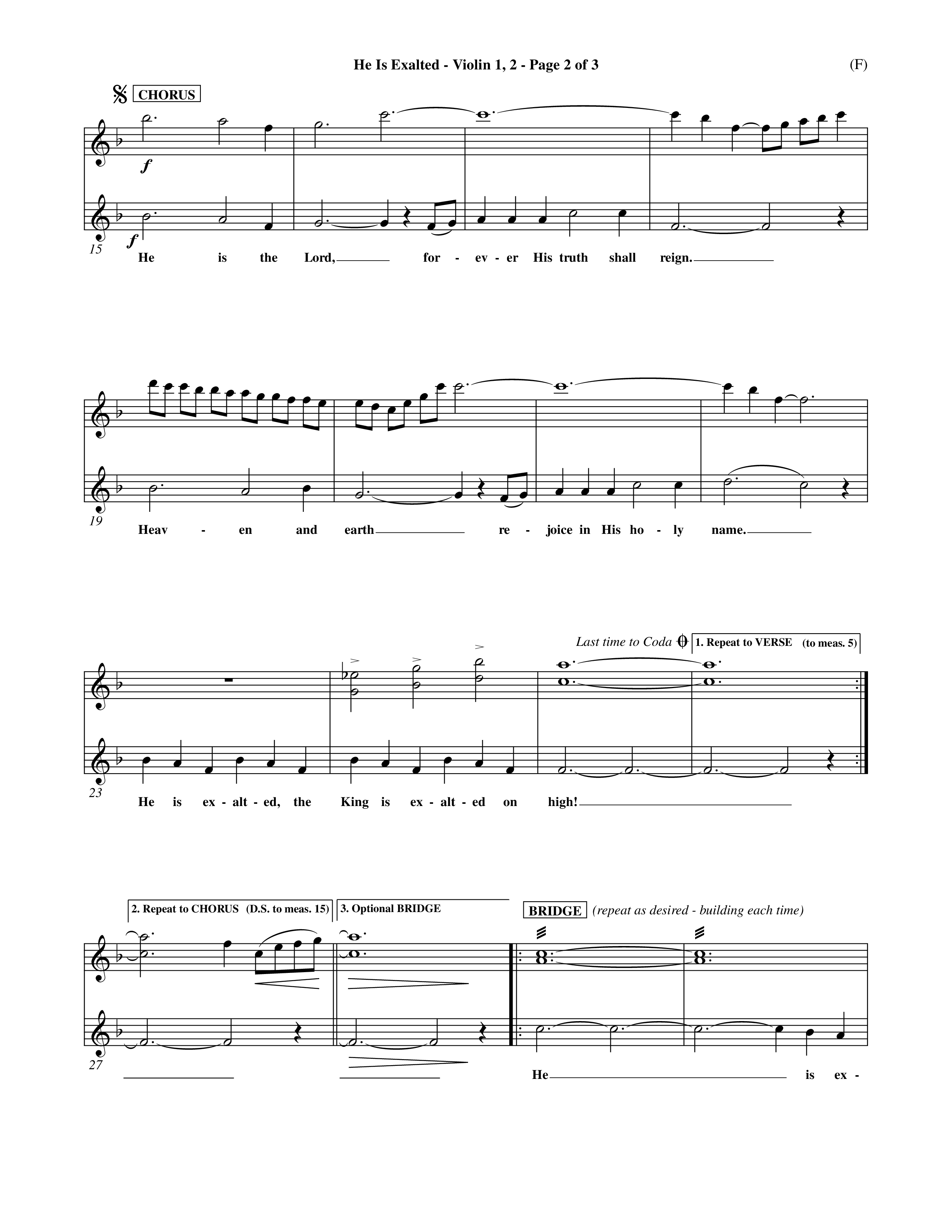 He Is Exalted (Choral Anthem SATB) Violin 1/2 (Word Music Choral / Orch. Mark McClure / Orch. Allan Douglas)