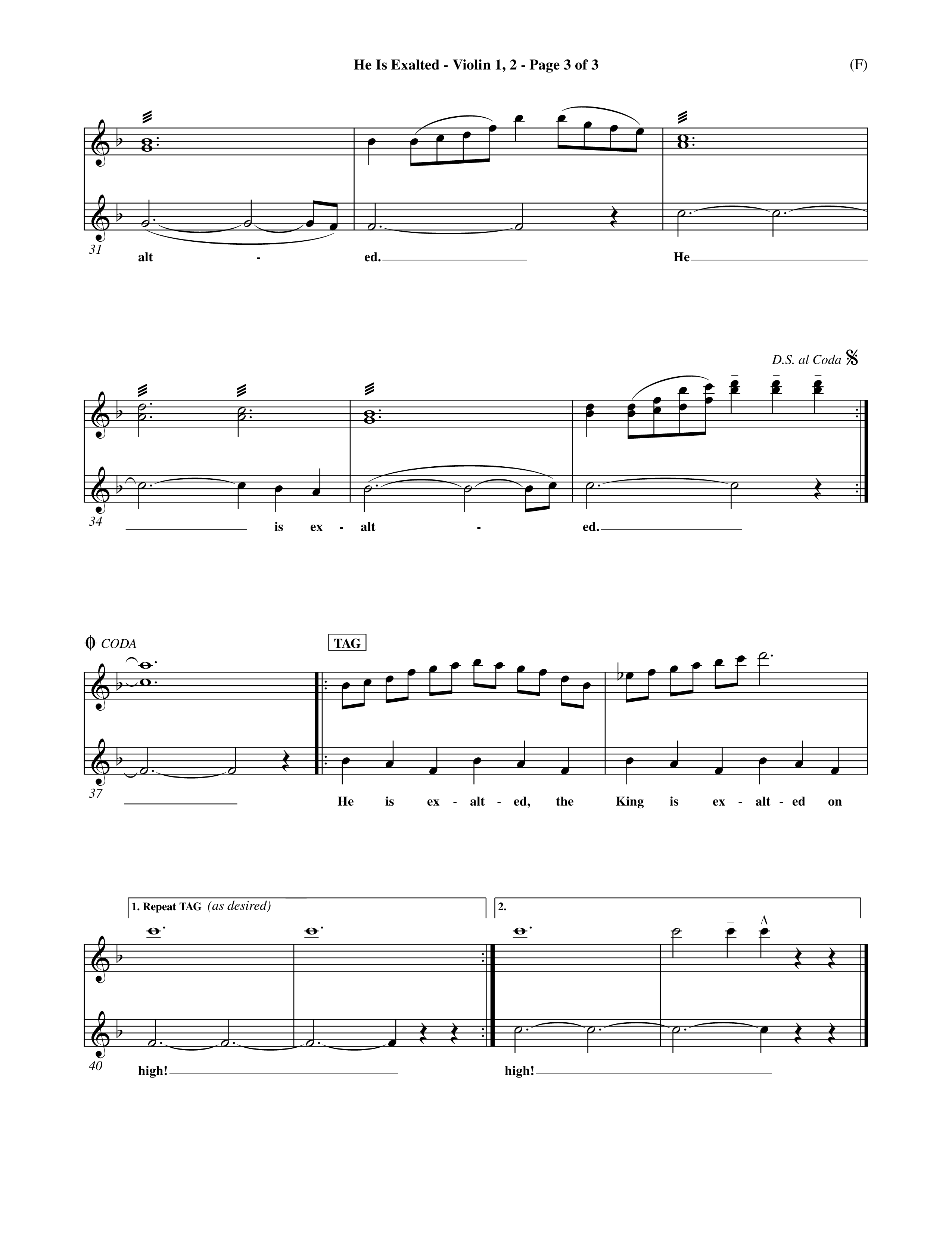 He Is Exalted (Choral Anthem SATB) Violin 1/2 (Word Music Choral / Orch. Mark McClure / Orch. Allan Douglas)