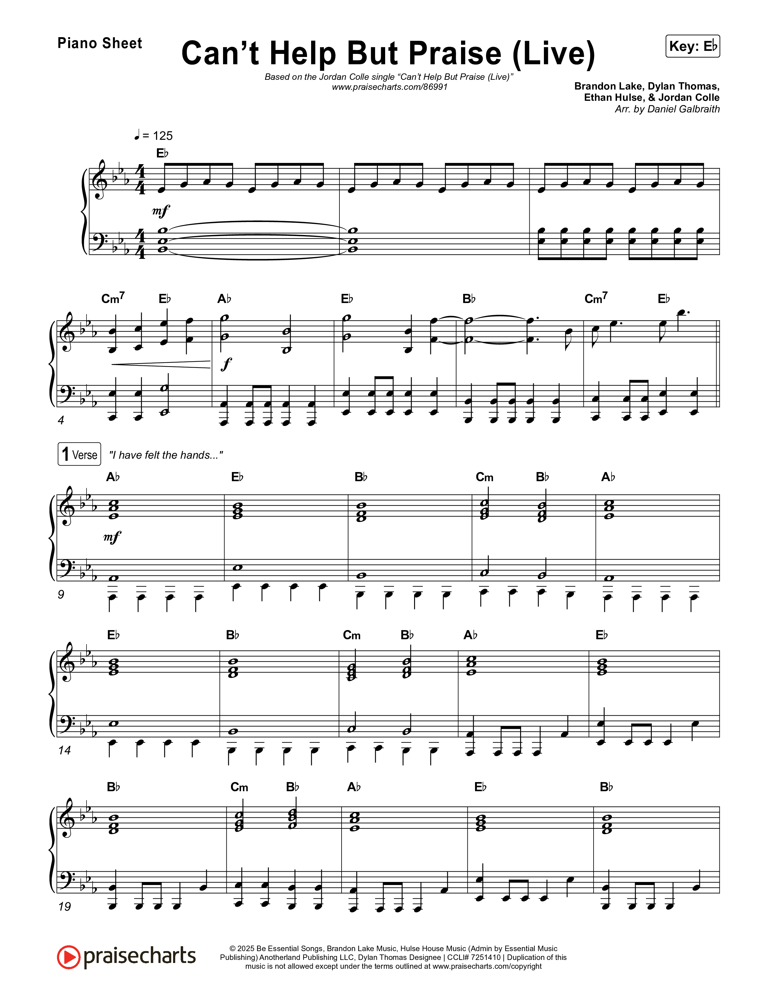 Can't Help But Praise (Live) Piano Sheet (Jordan Colle)