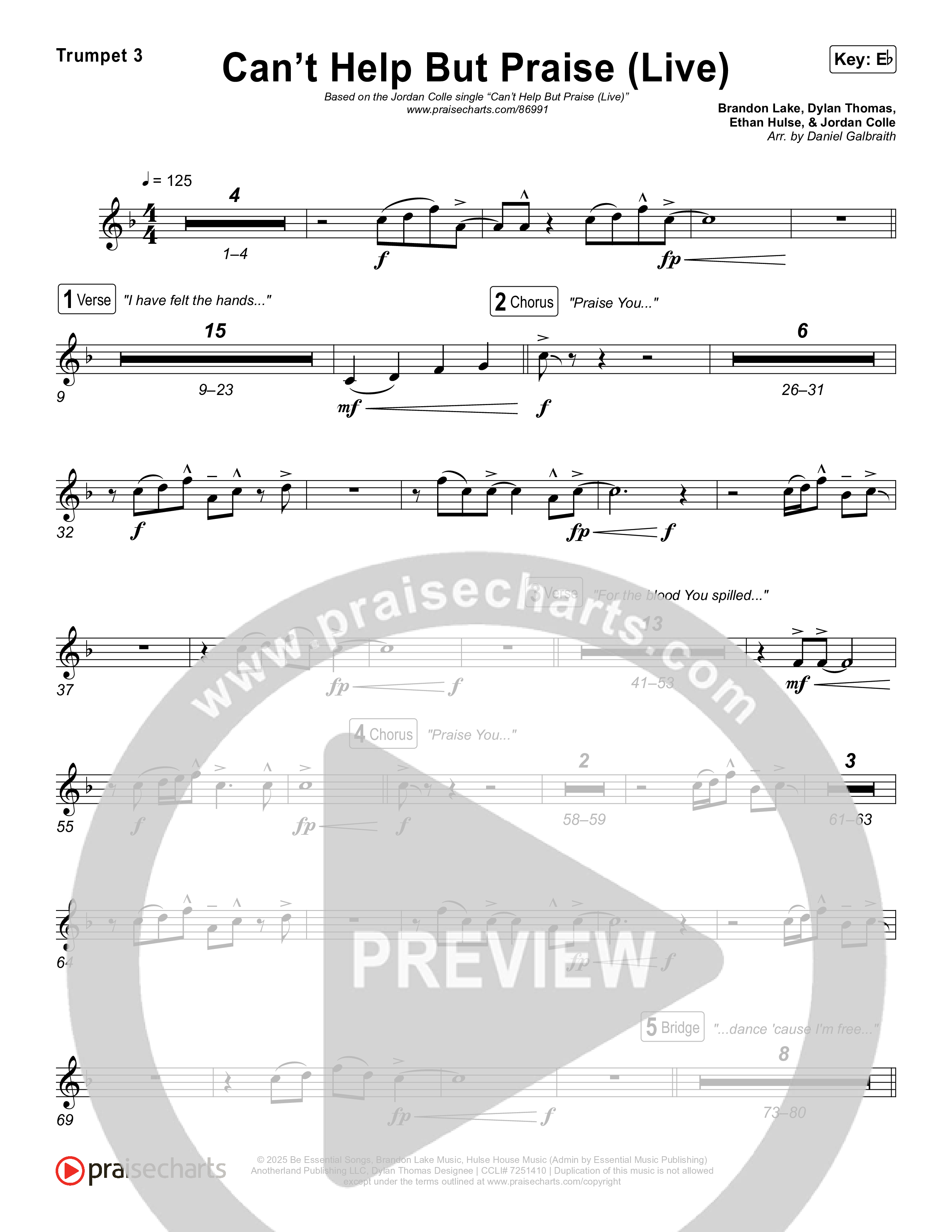 Can t Help But Praise Live Trumpet Sheet Music PDF Jordan Colle 