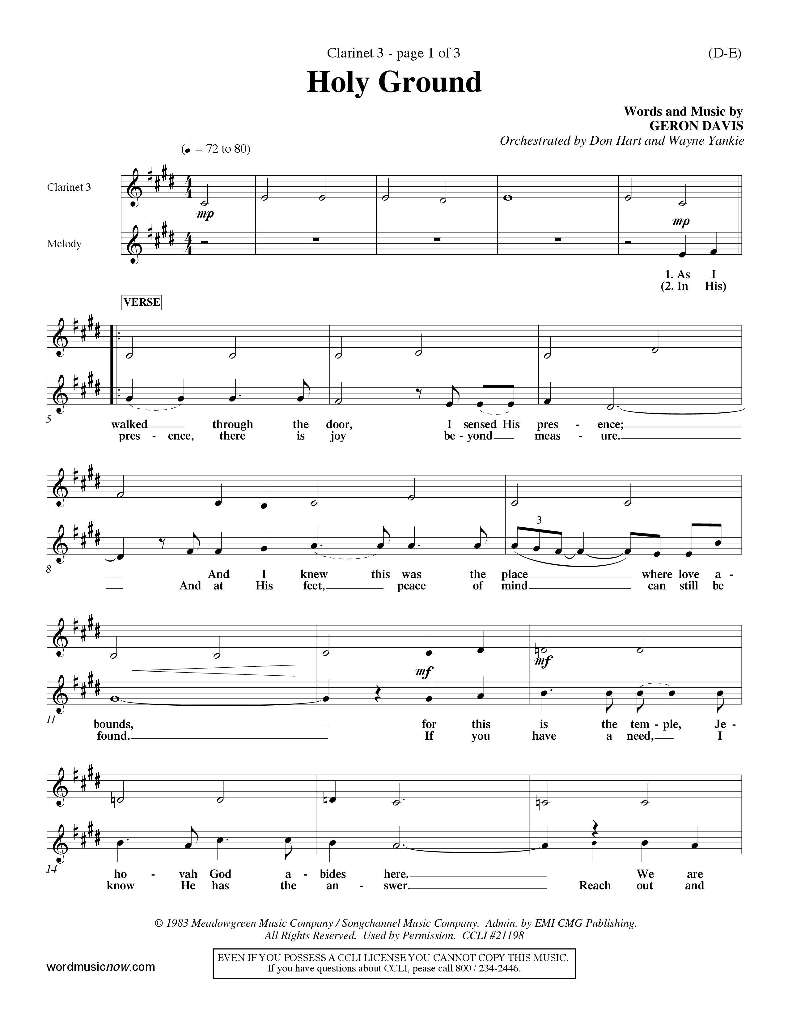 Holy Ground (Choral Anthem SATB) Clarinet 3 (Word Music Choral / Orch. Don Hart / Orch. Wayne Yankie)