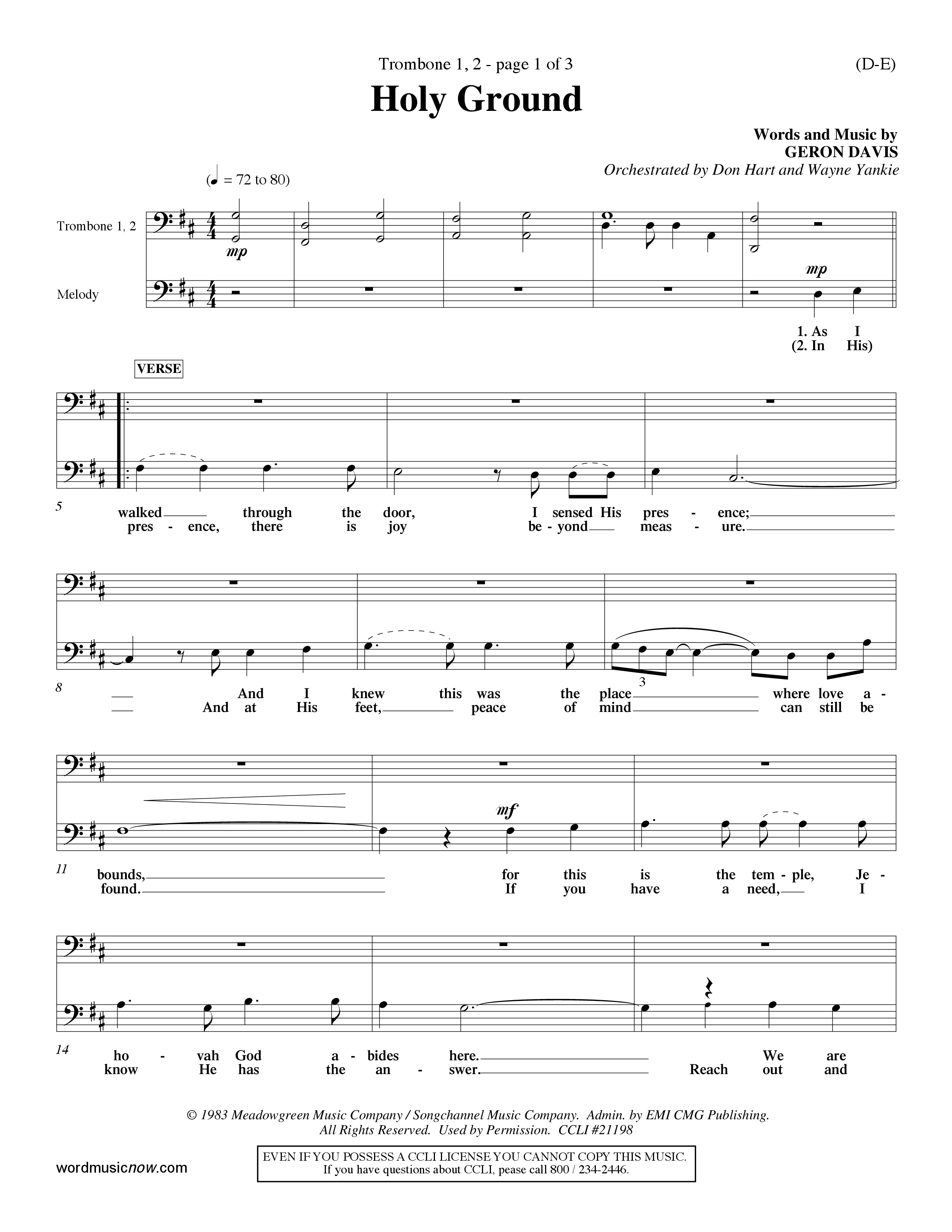 Holy Ground (Choral Anthem SATB) Trombone 1/2 (Word Music Choral / Orch. Don Hart / Orch. Wayne Yankie)