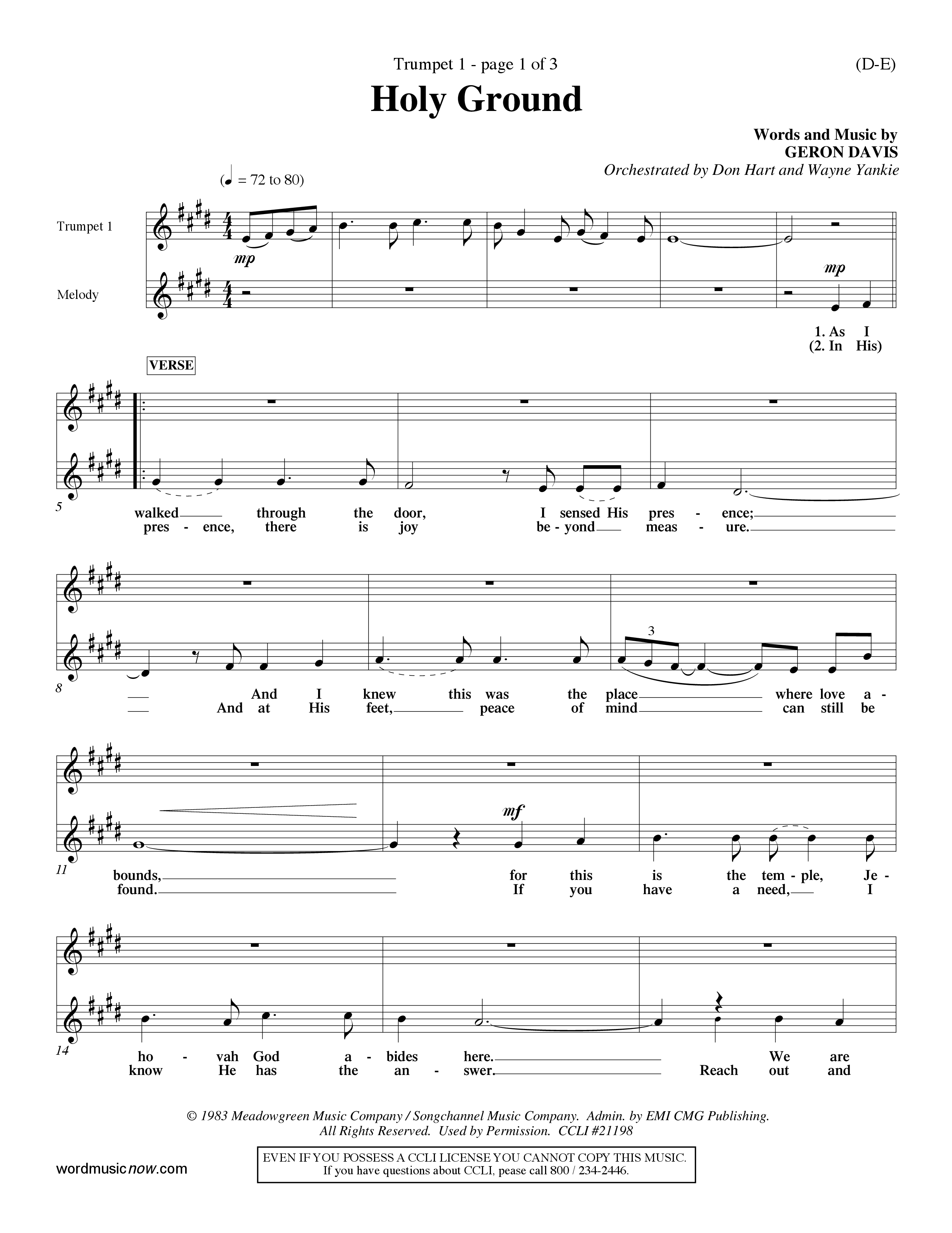 Holy Ground (Choral Anthem SATB) Trumpet 1 (Word Music Choral / Orch. Don Hart / Orch. Wayne Yankie)