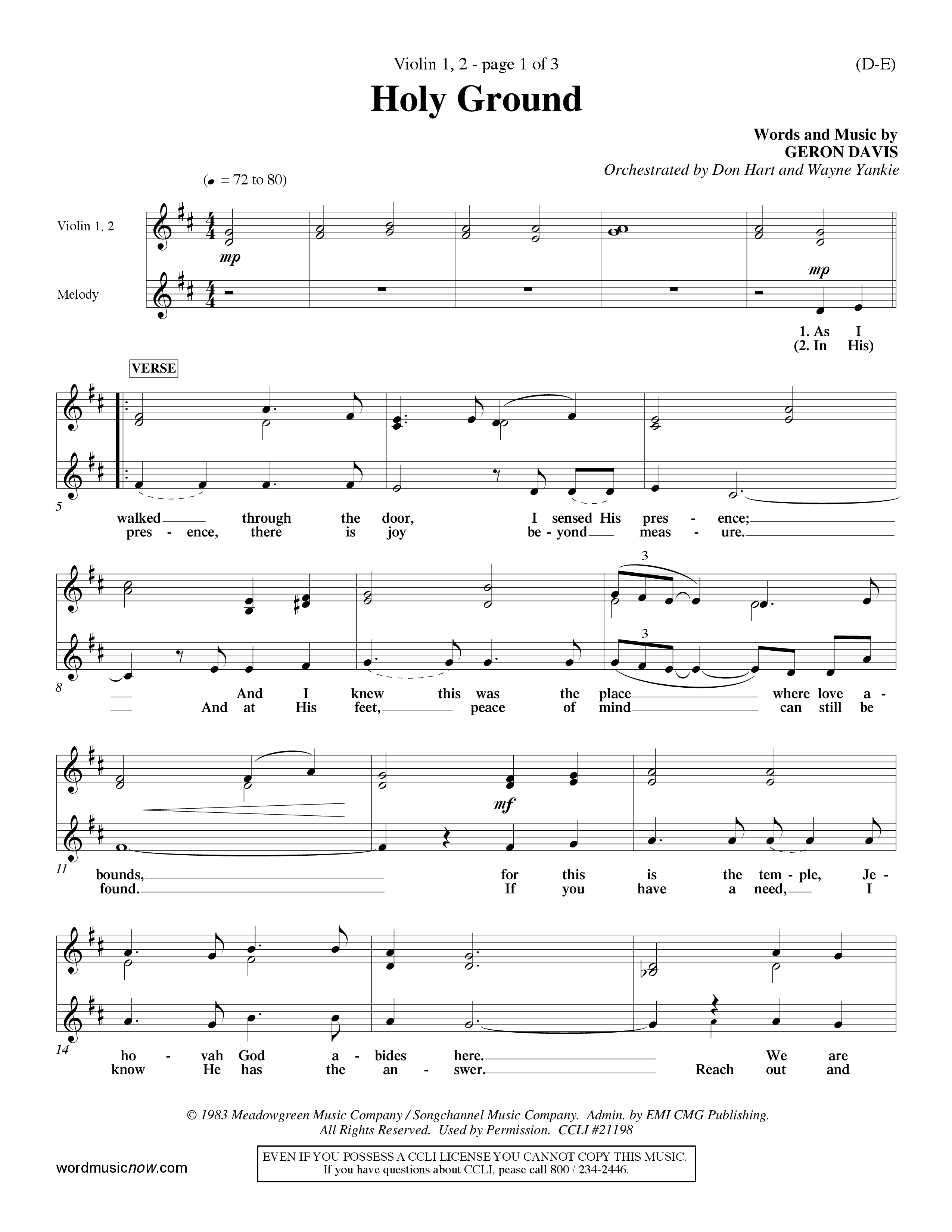 Holy Ground (Choral Anthem SATB) Violin 1/2 (Word Music Choral / Orch. Don Hart / Orch. Wayne Yankie)