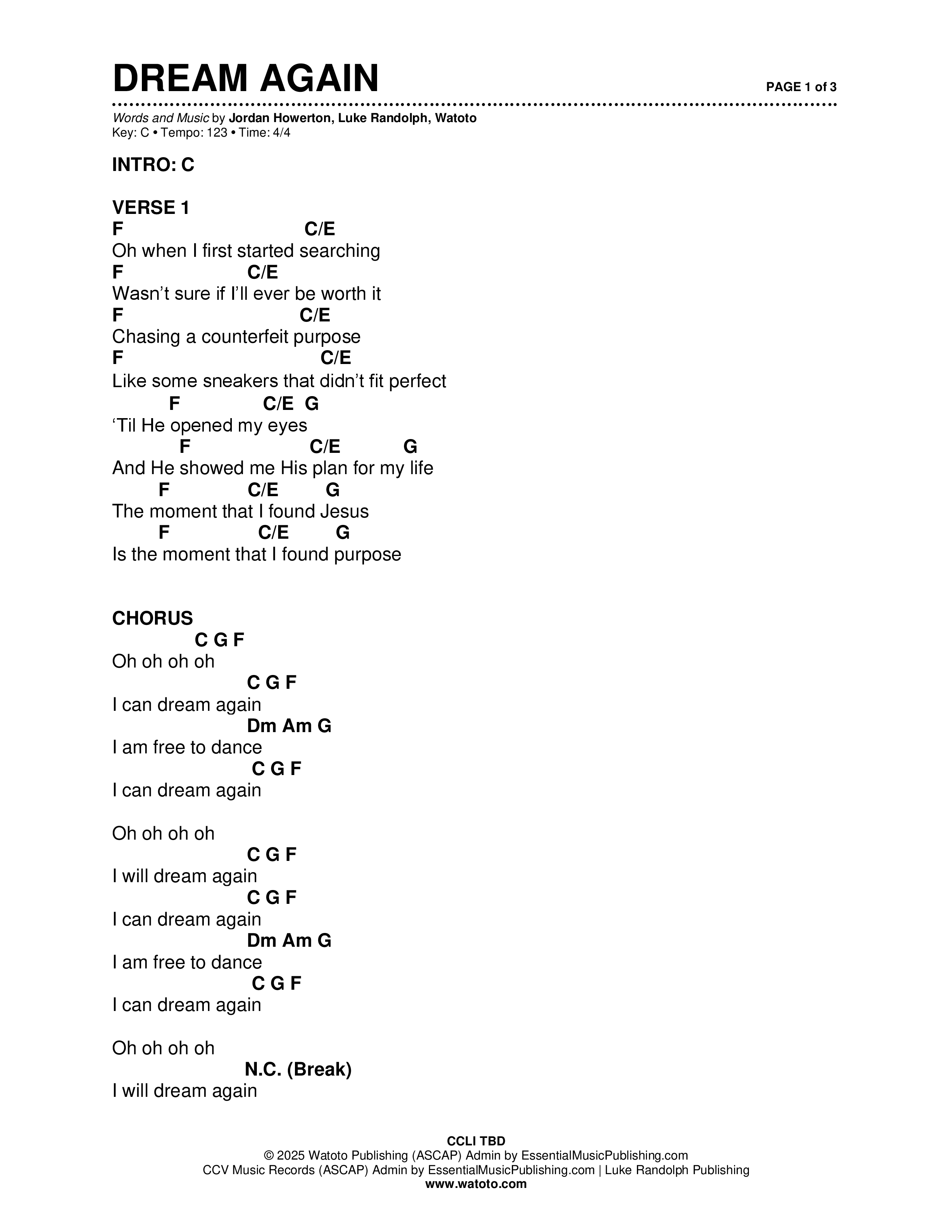 Dream Again (Live) Chord Chart (Brad & Rebekah / CCV Music / Watoto)