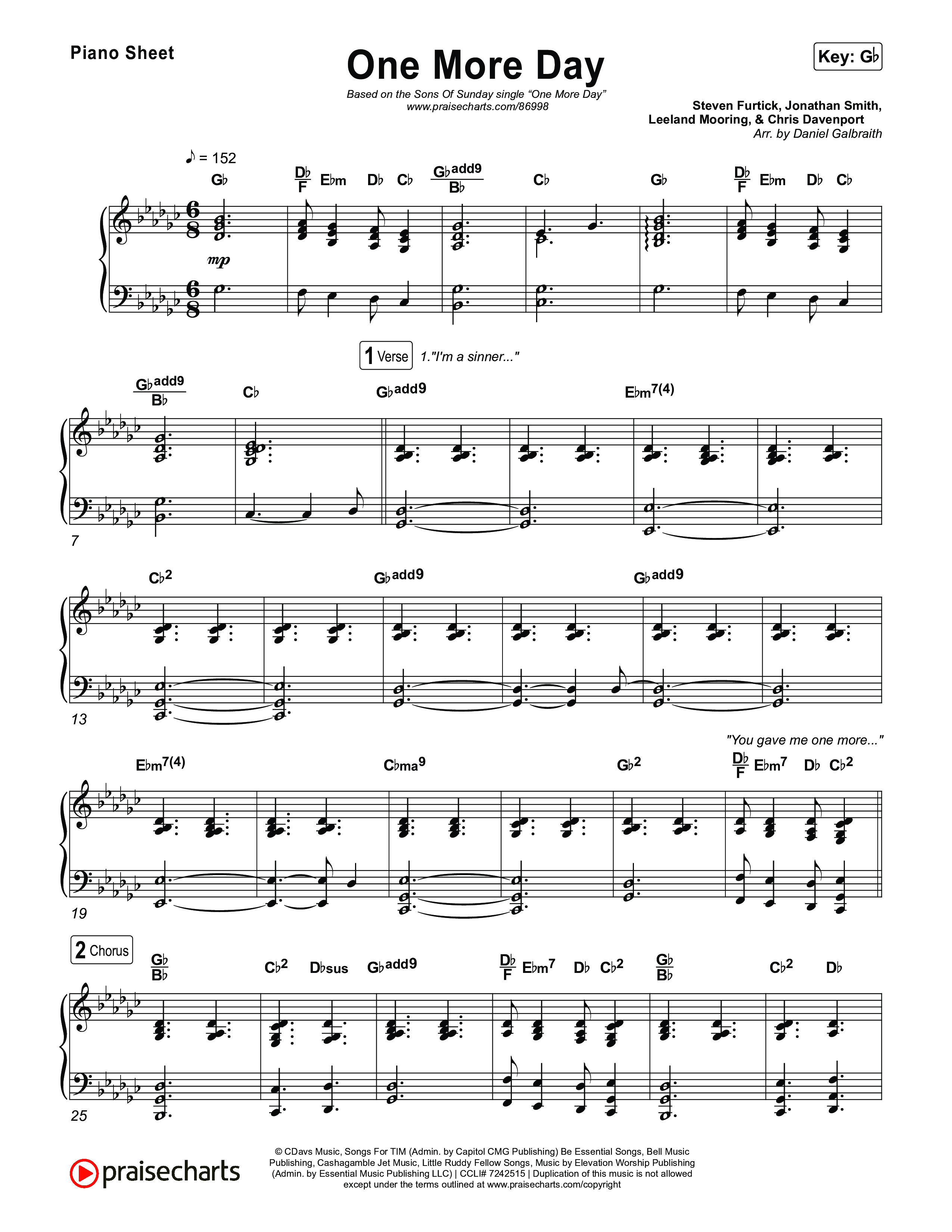 One More Day Piano Sheet (Sons Of Sunday)