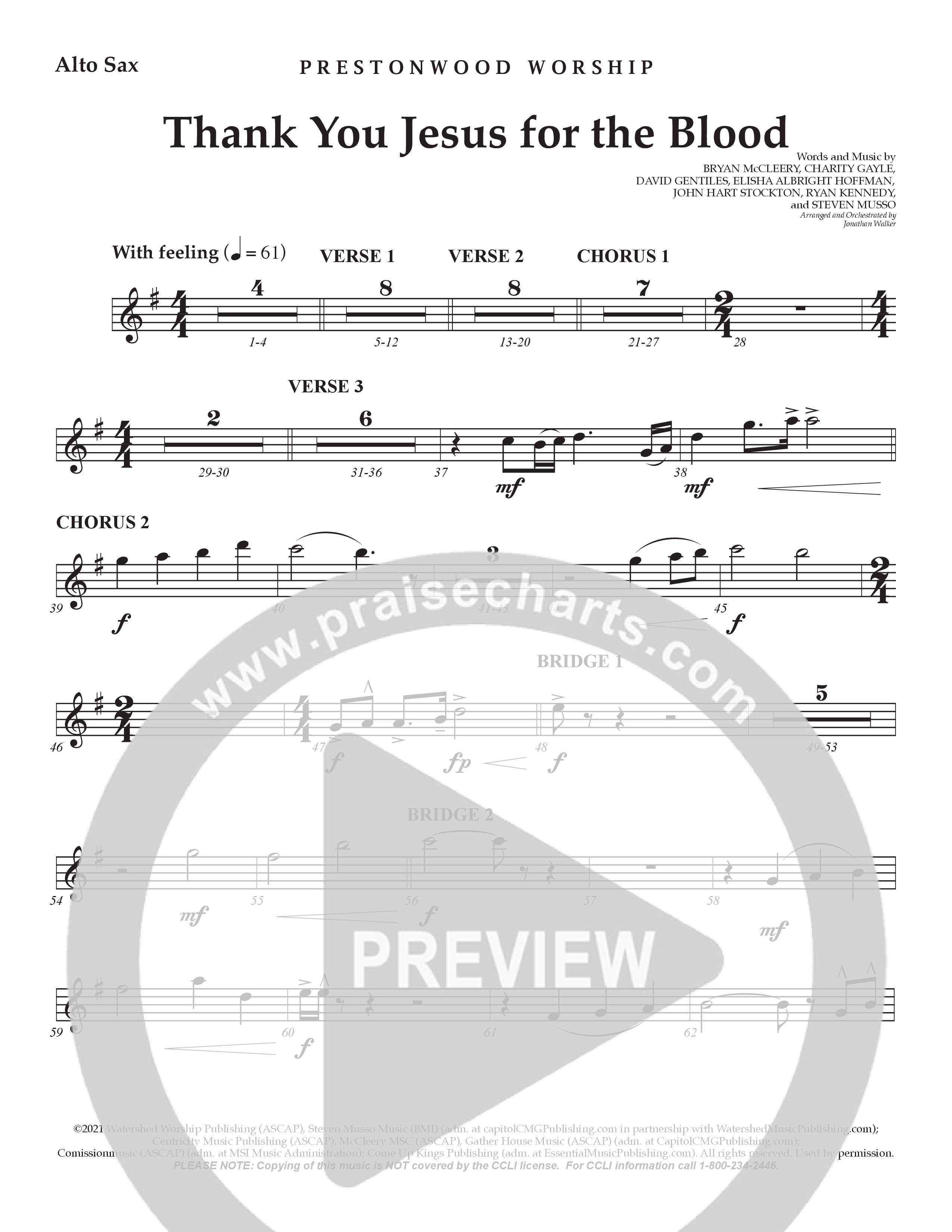 Thank You Jesus For The Blood (Choral Anthem SATB) Alto Sax (Prestonwood Worship / Arr. Jonathan Walker)