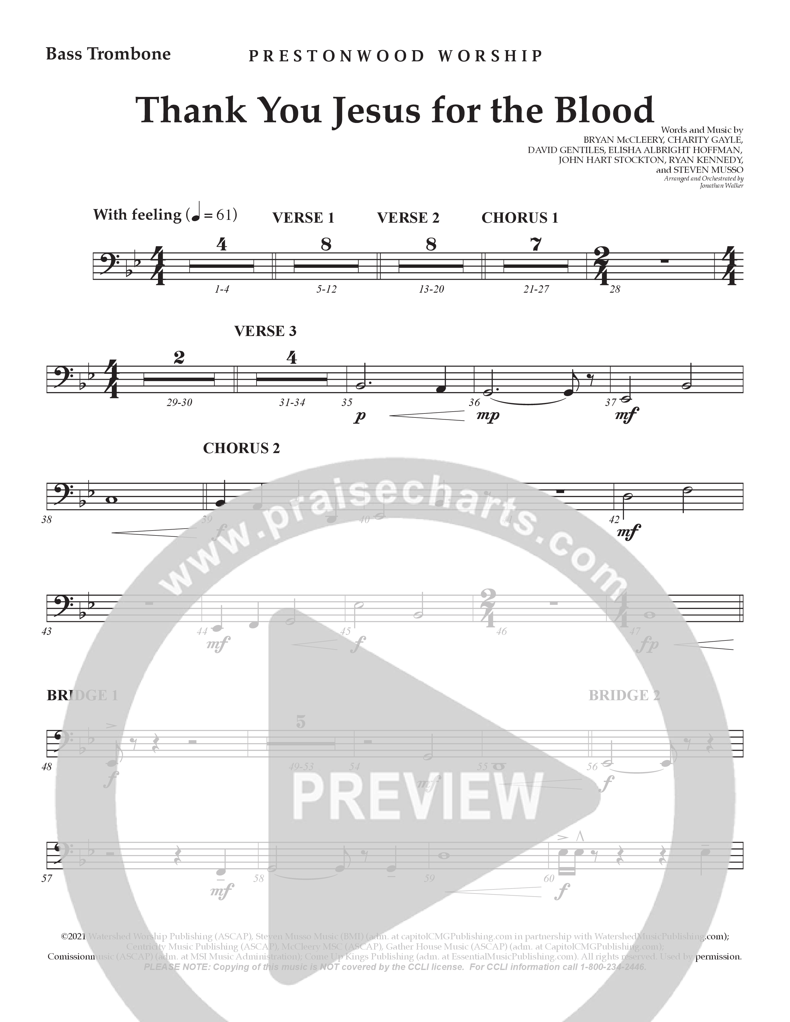 Thank You Jesus For The Blood (Choral Anthem SATB) Bass Trombone (Prestonwood Worship / Arr. Jonathan Walker)
