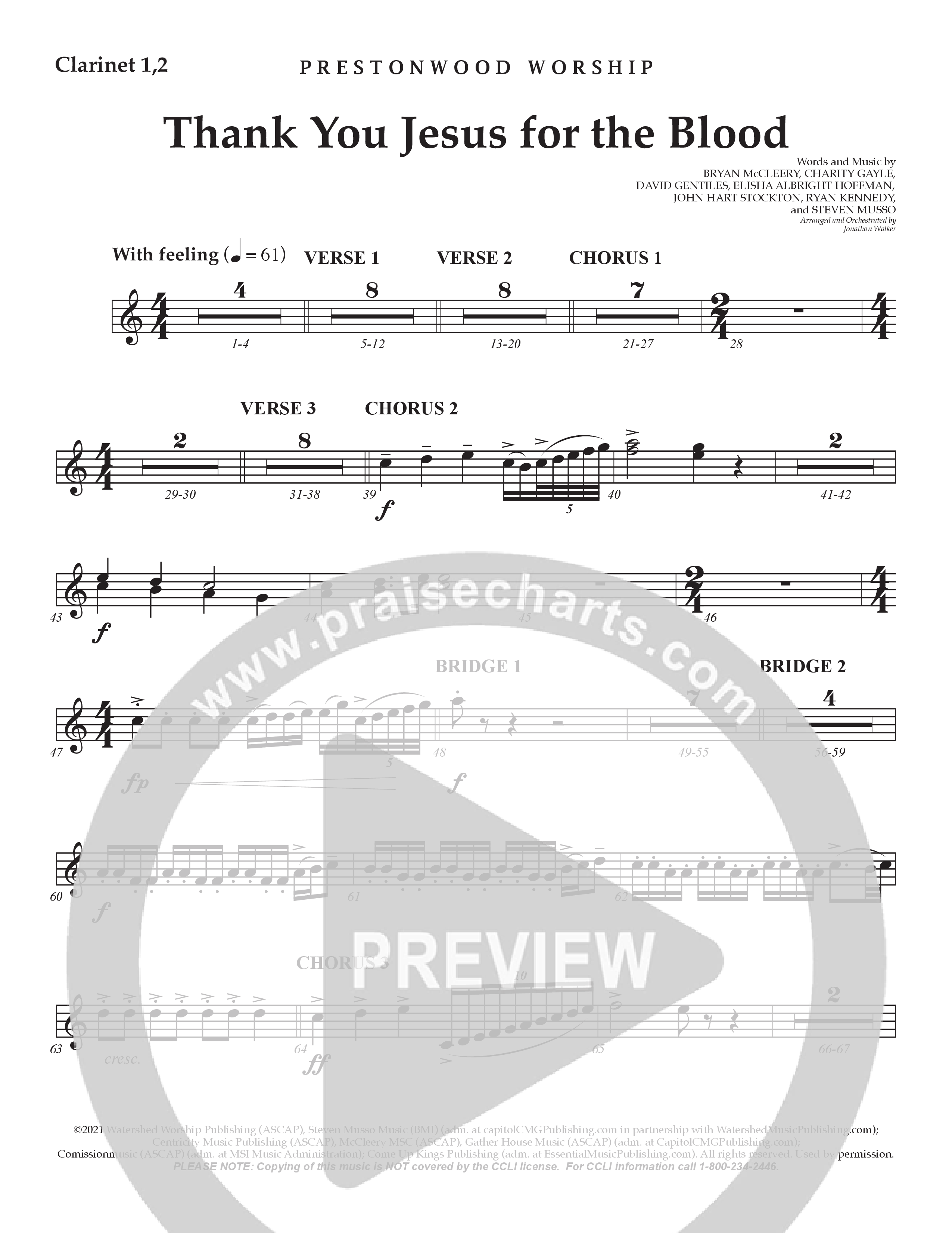 Thank You Jesus For The Blood (Choral Anthem SATB) Clarinet 1/2 (Prestonwood Worship / Arr. Jonathan Walker)