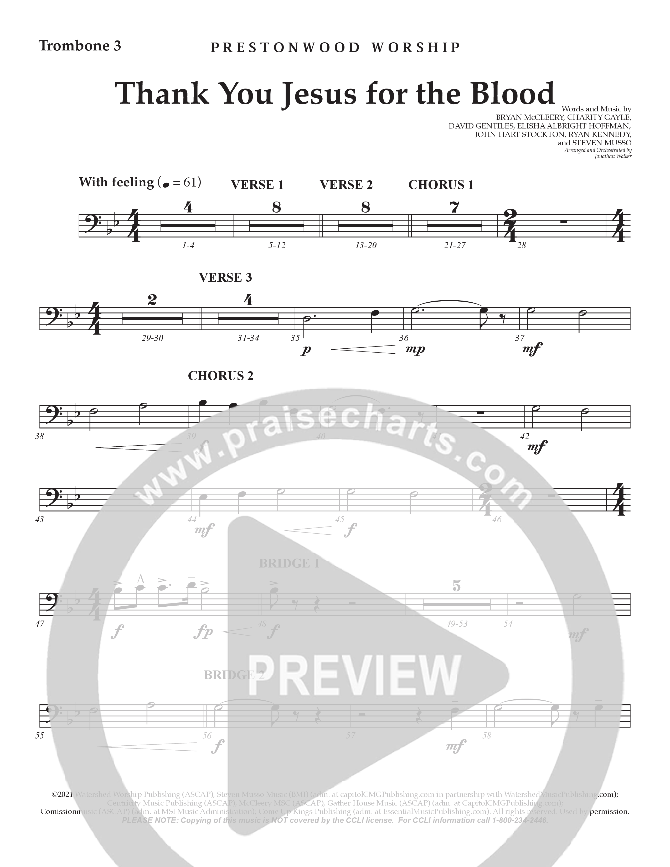 Thank You Jesus For The Blood (Choral Anthem SATB) Trombone 3 (Prestonwood Worship / Arr. Jonathan Walker)