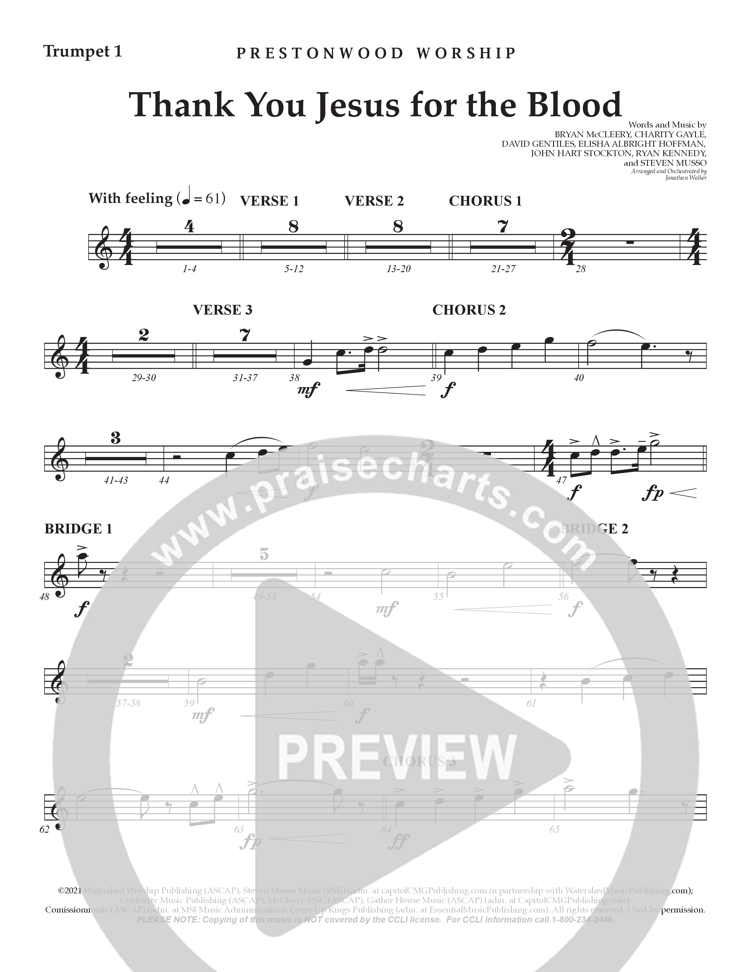 Thank You Jesus For The Blood (Choral Anthem SATB) Trumpet 1 (Prestonwood Worship / Arr. Jonathan Walker)