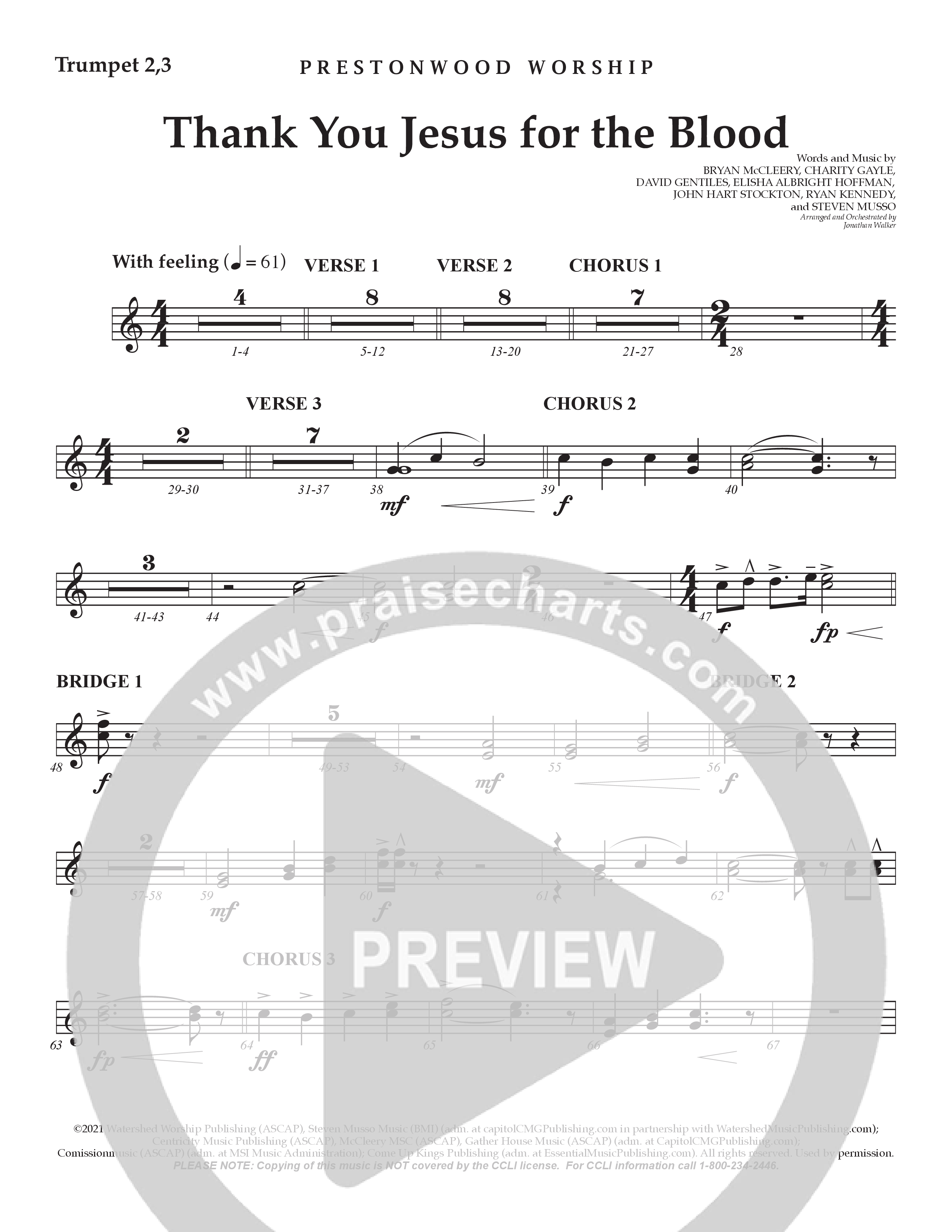 Thank You Jesus For The Blood (Choral Anthem SATB) Trumpet 2/3 (Prestonwood Worship / Arr. Jonathan Walker)