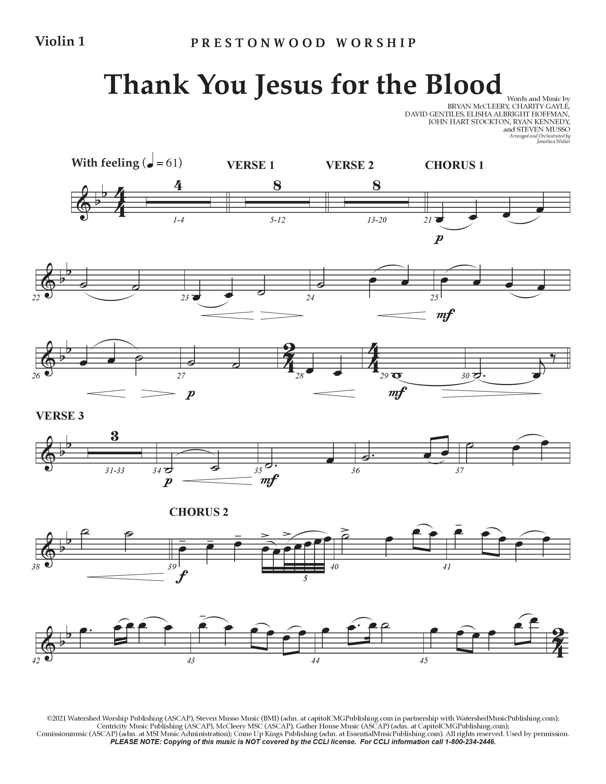 Thank You Jesus For The Blood (Choral Anthem SATB) Violin 1/2 (Prestonwood Worship / Arr. Jonathan Walker)