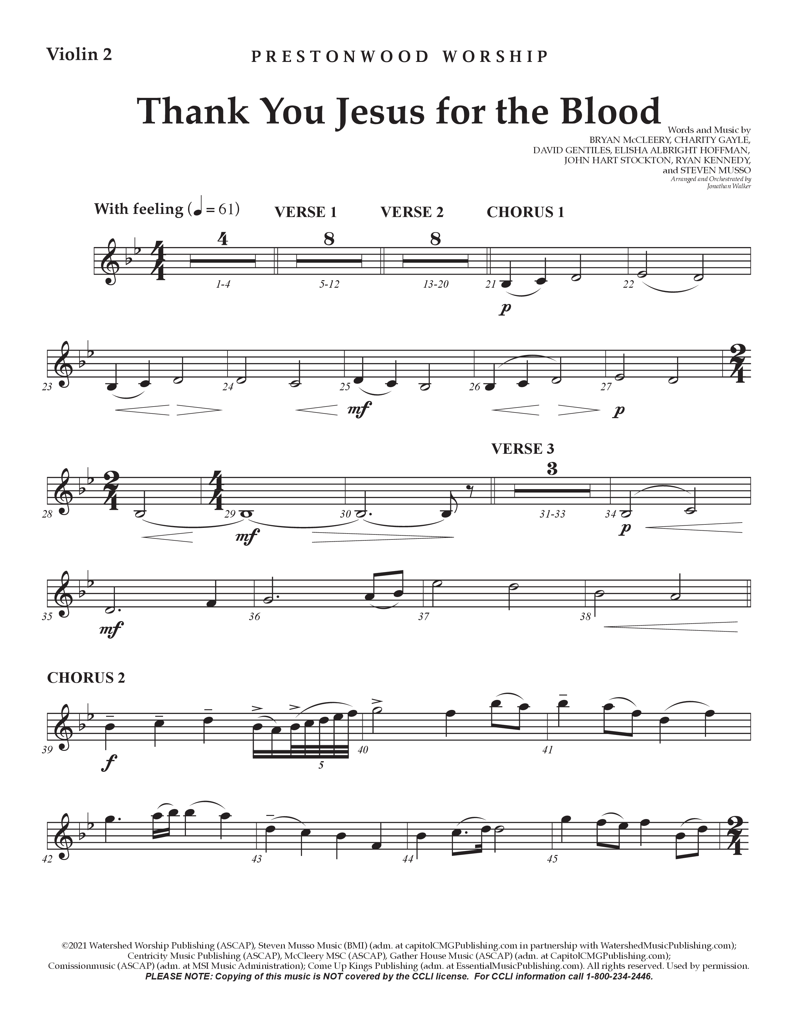 Thank You Jesus For The Blood (Choral Anthem SATB) Violin 2 (Prestonwood Worship / Arr. Jonathan Walker)
