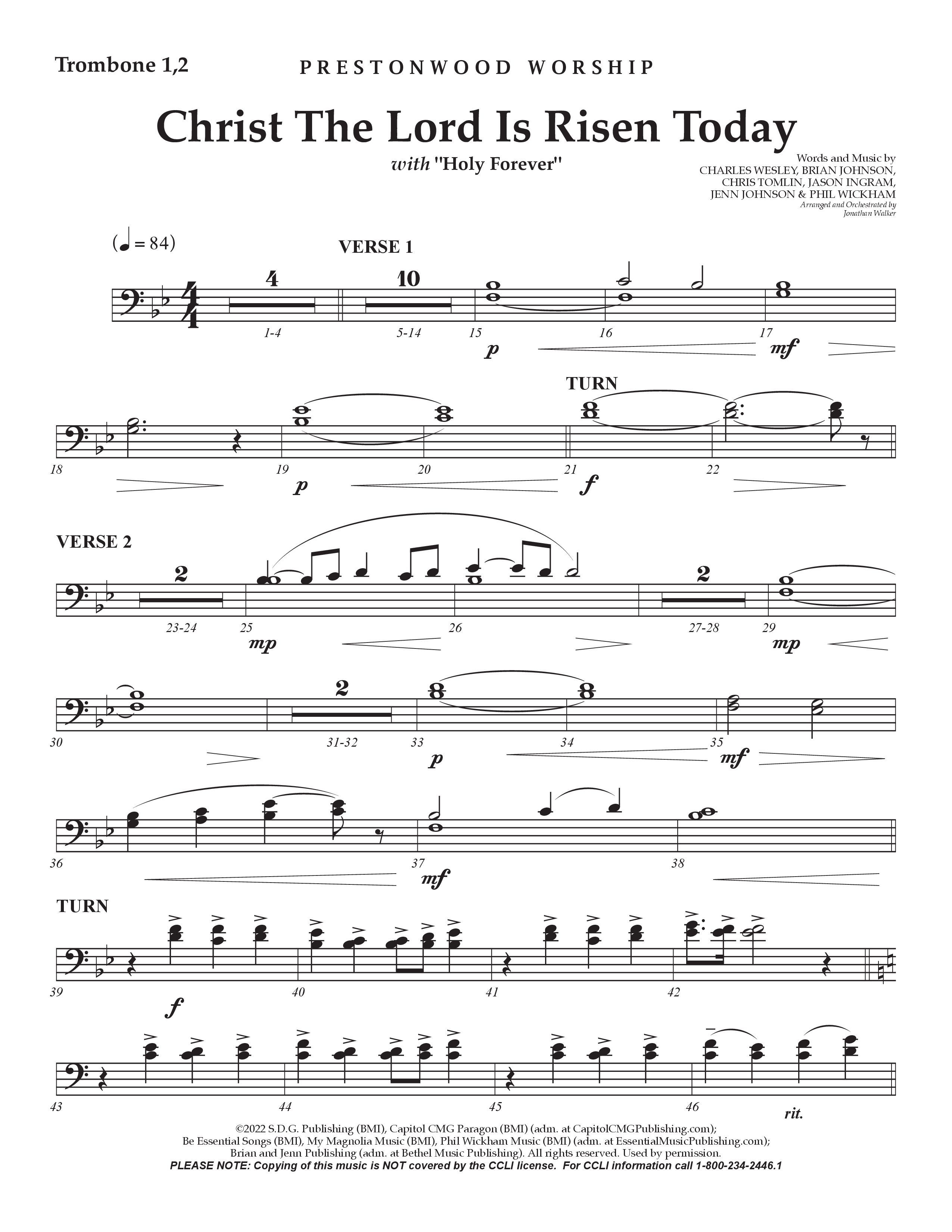 Christ The Lord Is Risen Today /  Holy Forever (Choral Anthem SATB) Trombone 1/2 (Prestonwood Worship / Arr. Jonathan Walker)