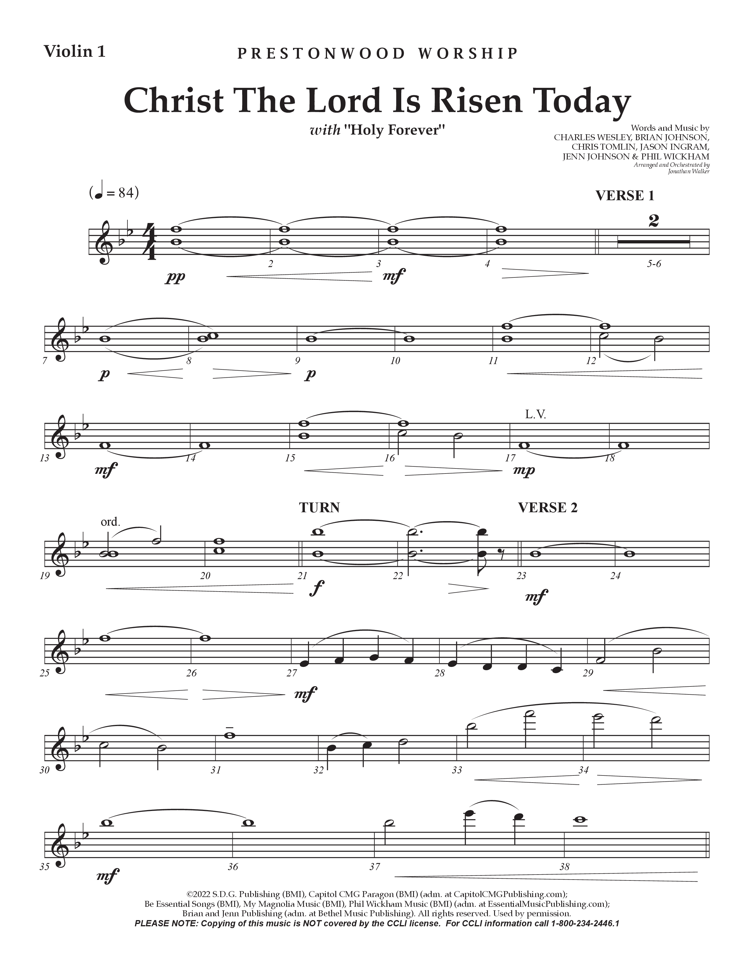 Christ The Lord Is Risen Today /  Holy Forever (Choral Anthem SATB) Violin 1 (Prestonwood Worship / Arr. Jonathan Walker)