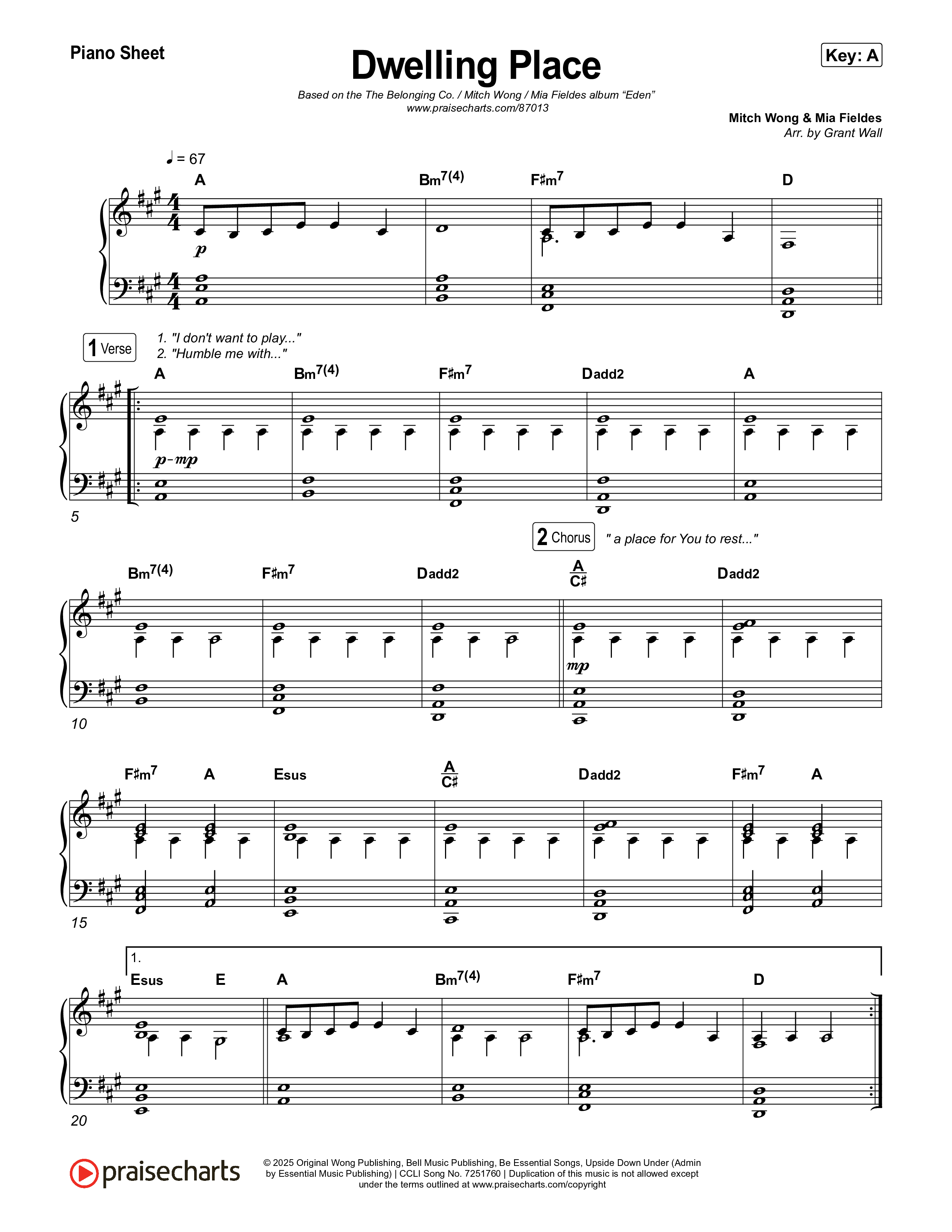 Dwelling Place Piano Sheet (The Belonging Co / Mitch Wong / Mia Fieldes)