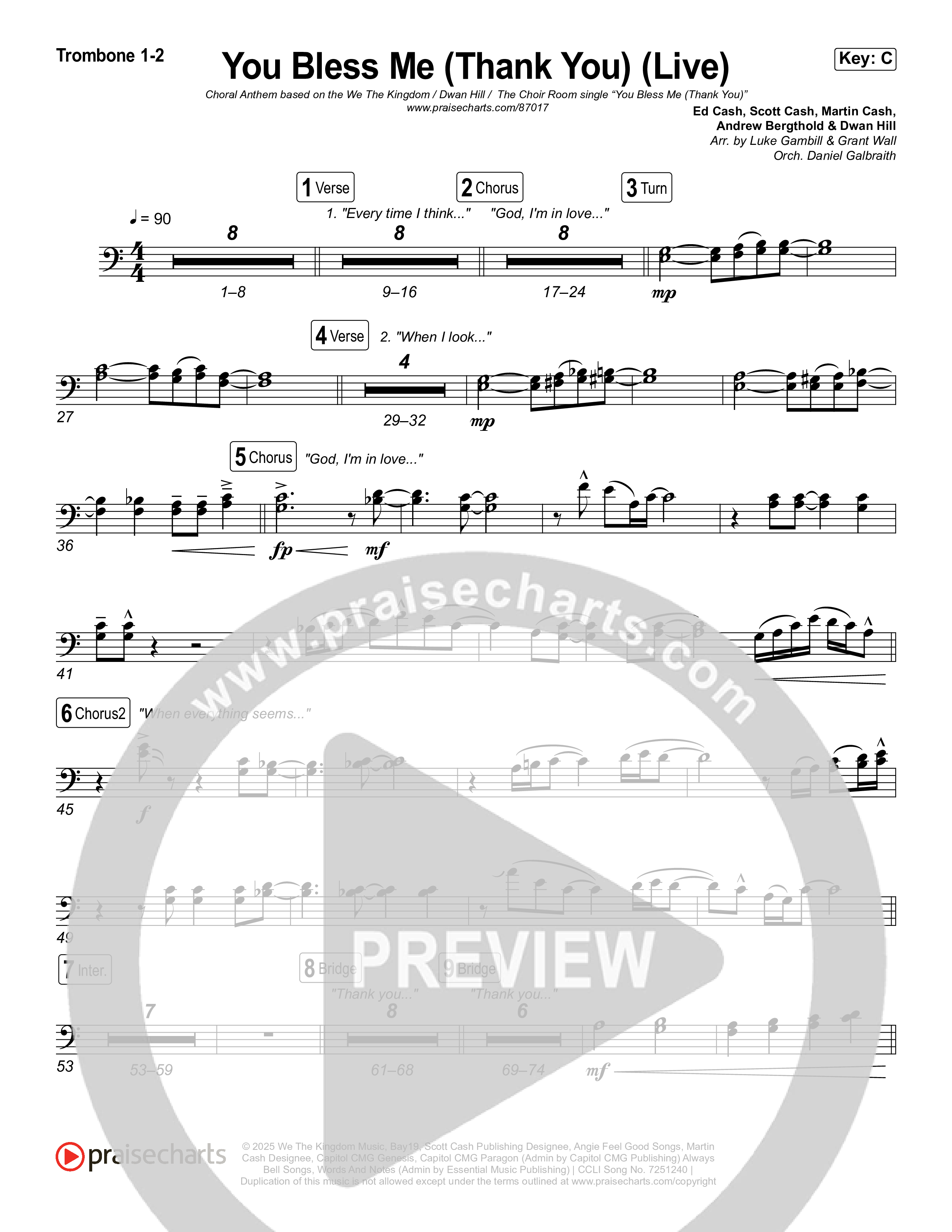 You Bless Me (Thank You) (Choral Anthem SATB) Trombone 1/2 (We The Kingdom / Dwan Hill / The Choir Room / Arr. Luke Gambill)