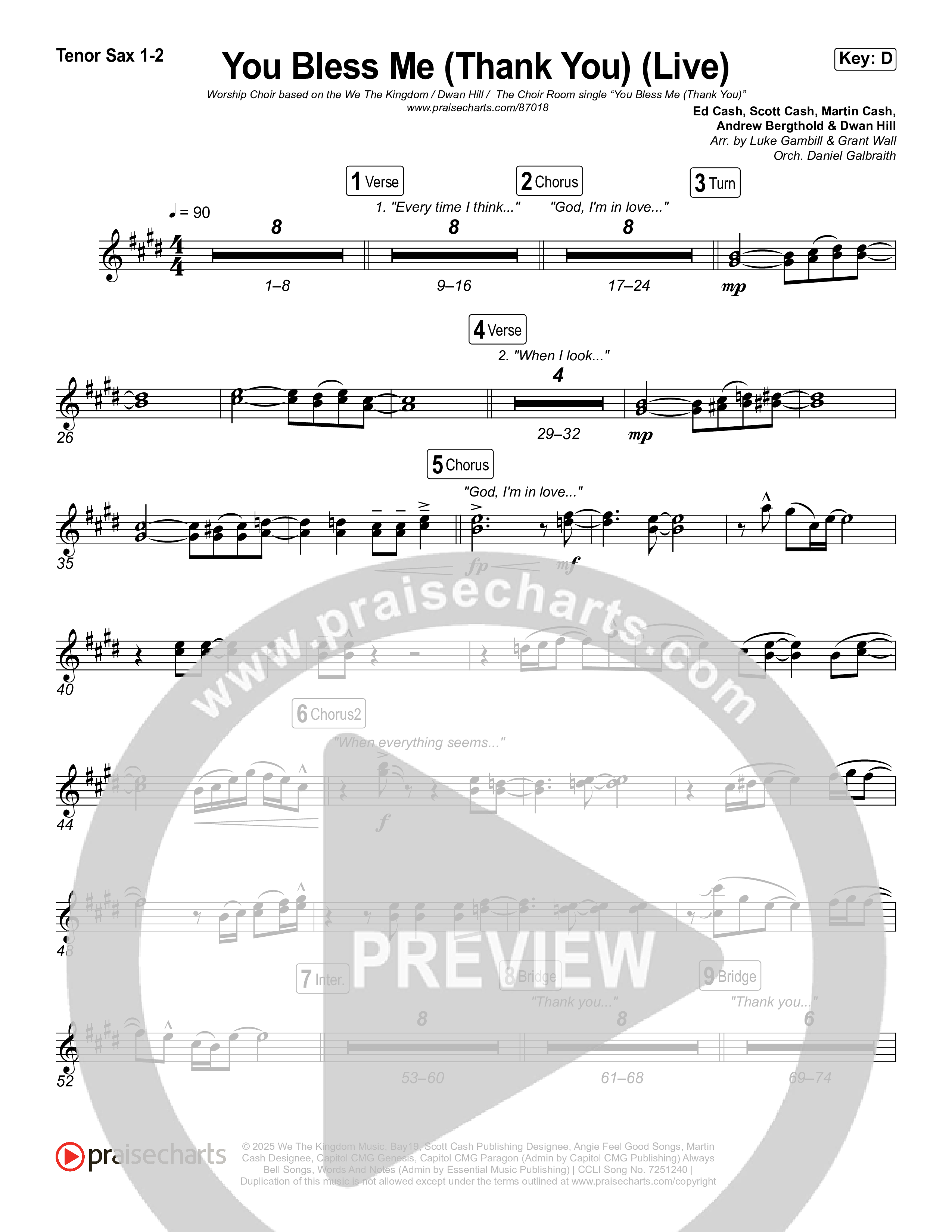 You Bless Me (Thank You) (Worship Choir/SAB) Tenor Sax 1/2 (We The Kingdom / Dwan Hill / The Choir Room / Arr. Luke Gambill)