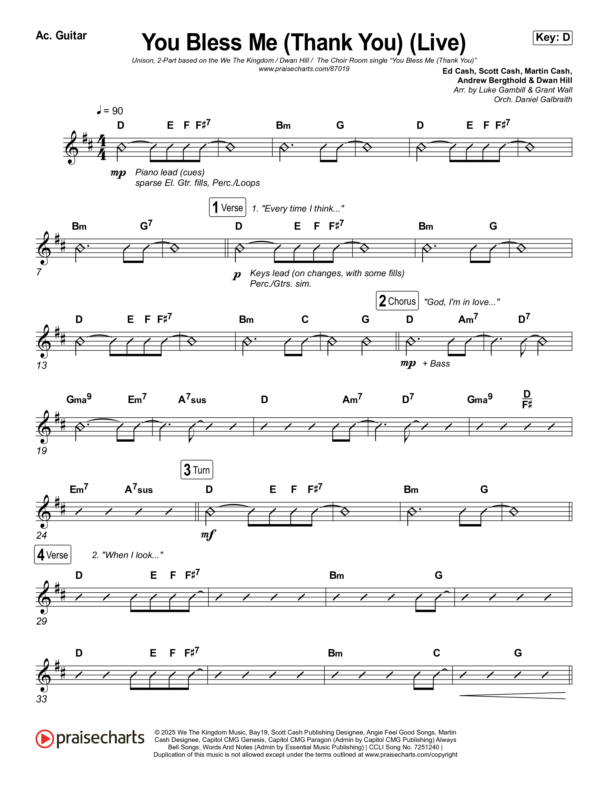 You Bless Me (Thank You) (Unison/2-Part) Acoustic Guitar (We The Kingdom / Dwan Hill / The Choir Room / Arr. Luke Gambill)