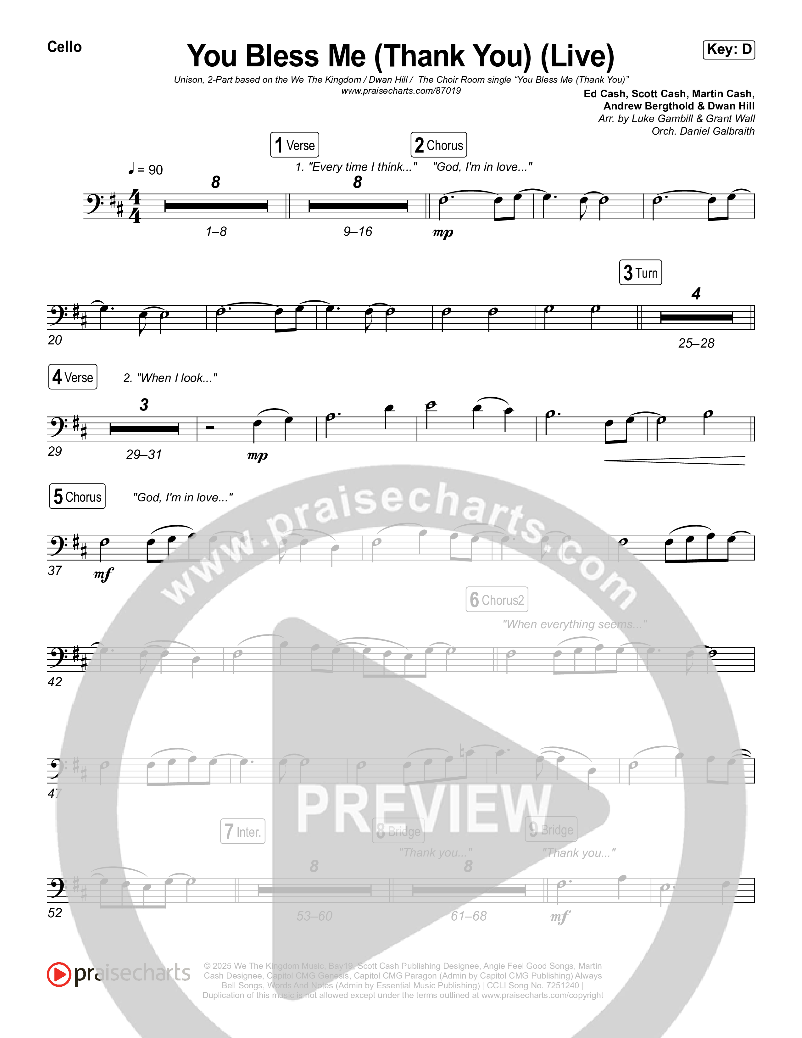 You Bless Me (Thank You) (Unison/2-Part) Cello (We The Kingdom / Dwan Hill / The Choir Room / Arr. Luke Gambill)