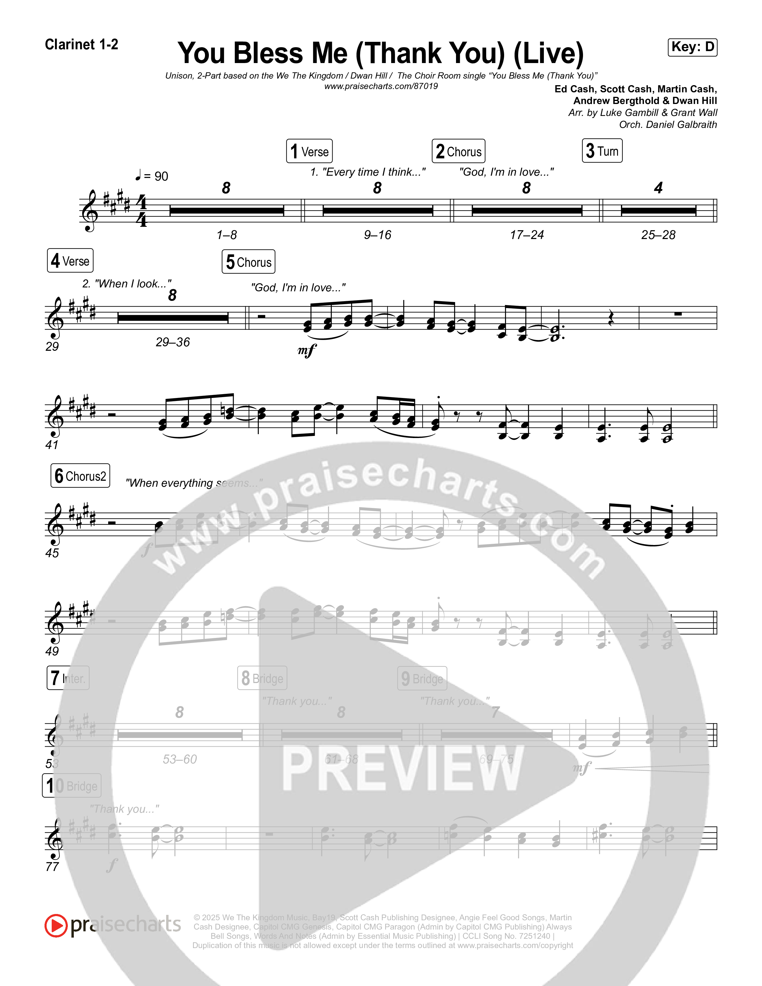 You Bless Me (Thank You) (Unison/2-Part) Clarinet 1/2 (We The Kingdom / Dwan Hill / The Choir Room / Arr. Luke Gambill)