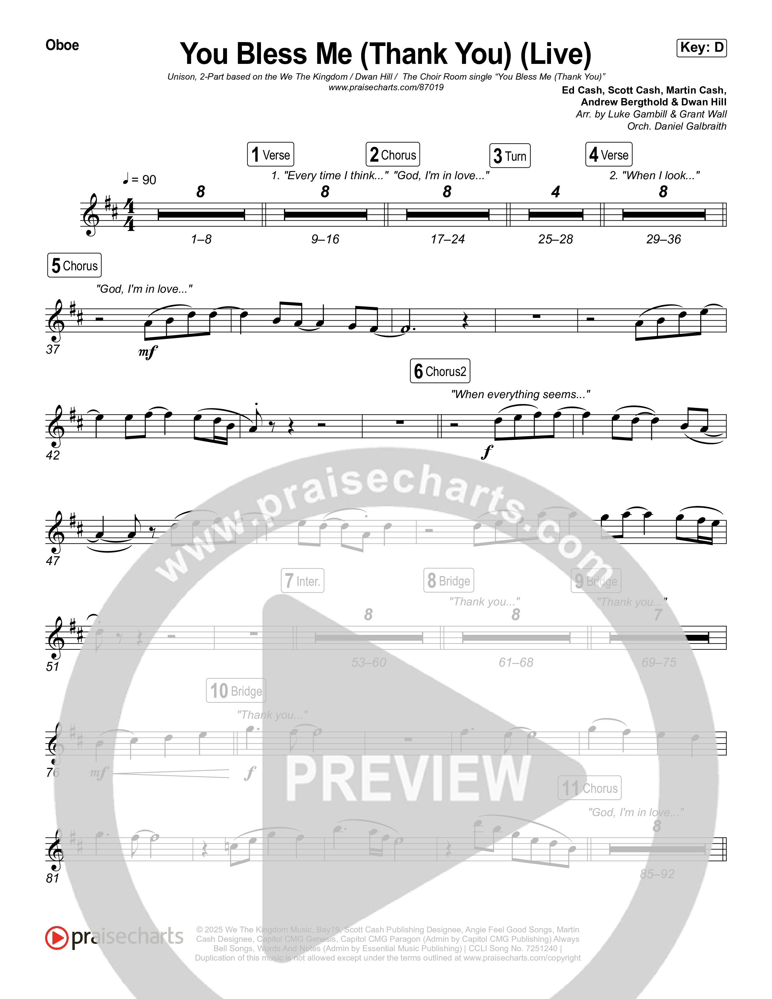 You Bless Me (Thank You) (Unison/2-Part) Oboe (We The Kingdom / Dwan Hill / The Choir Room / Arr. Luke Gambill)