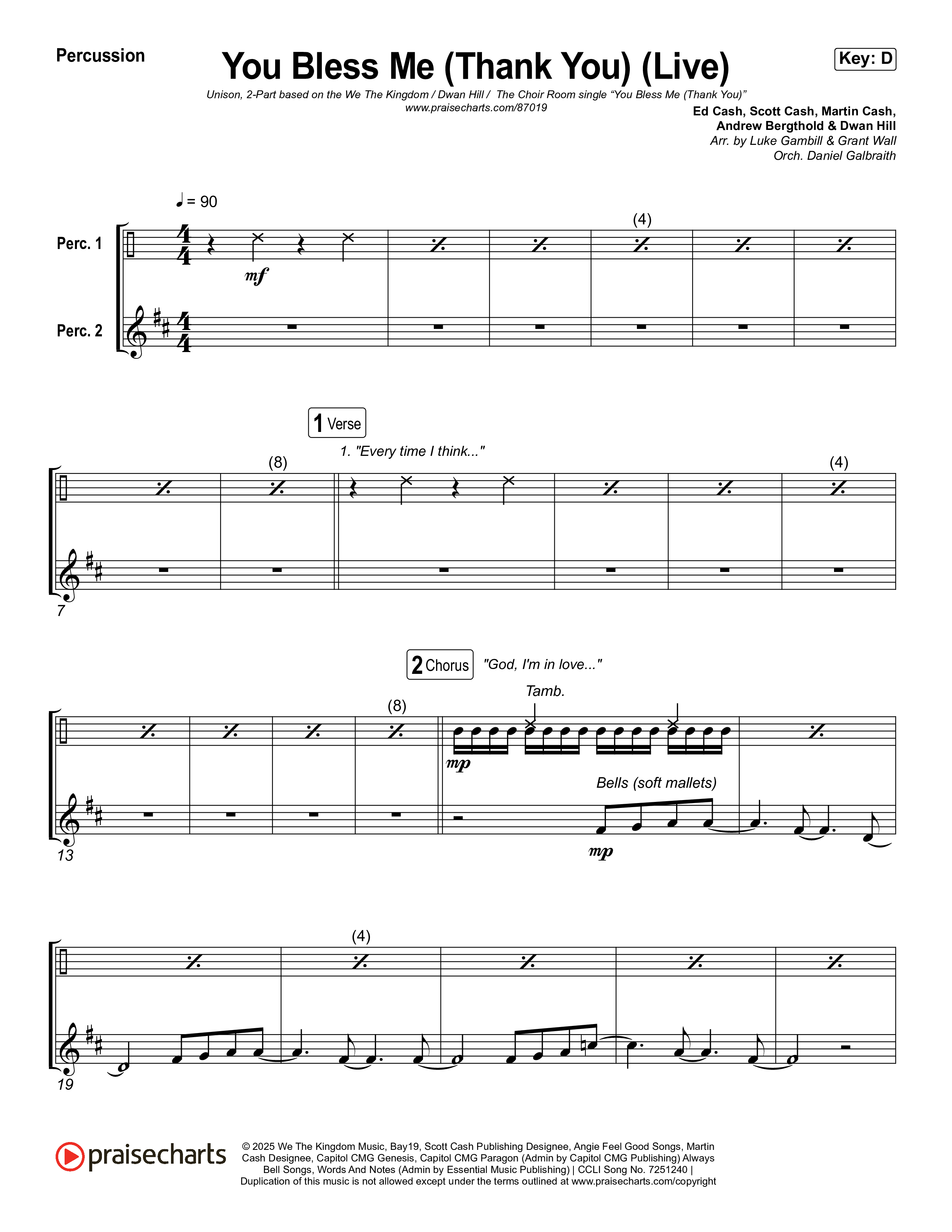 You Bless Me (Thank You) (Unison/2-Part) Percussion (We The Kingdom / Dwan Hill / The Choir Room / Arr. Luke Gambill)