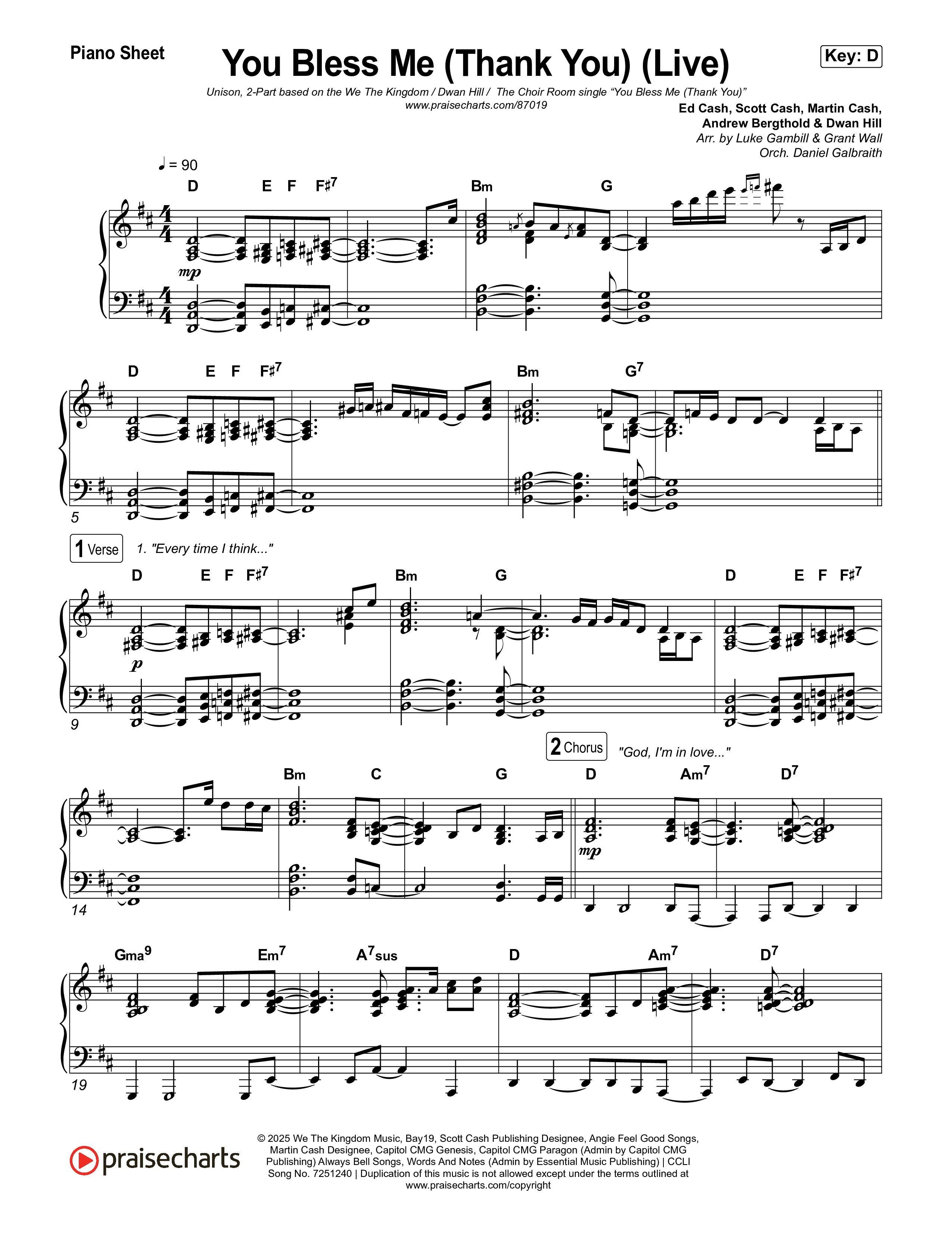 You Bless Me (Thank You) (Unison/2-Part) Piano Sheet (We The Kingdom / Dwan Hill / The Choir Room / Arr. Luke Gambill)