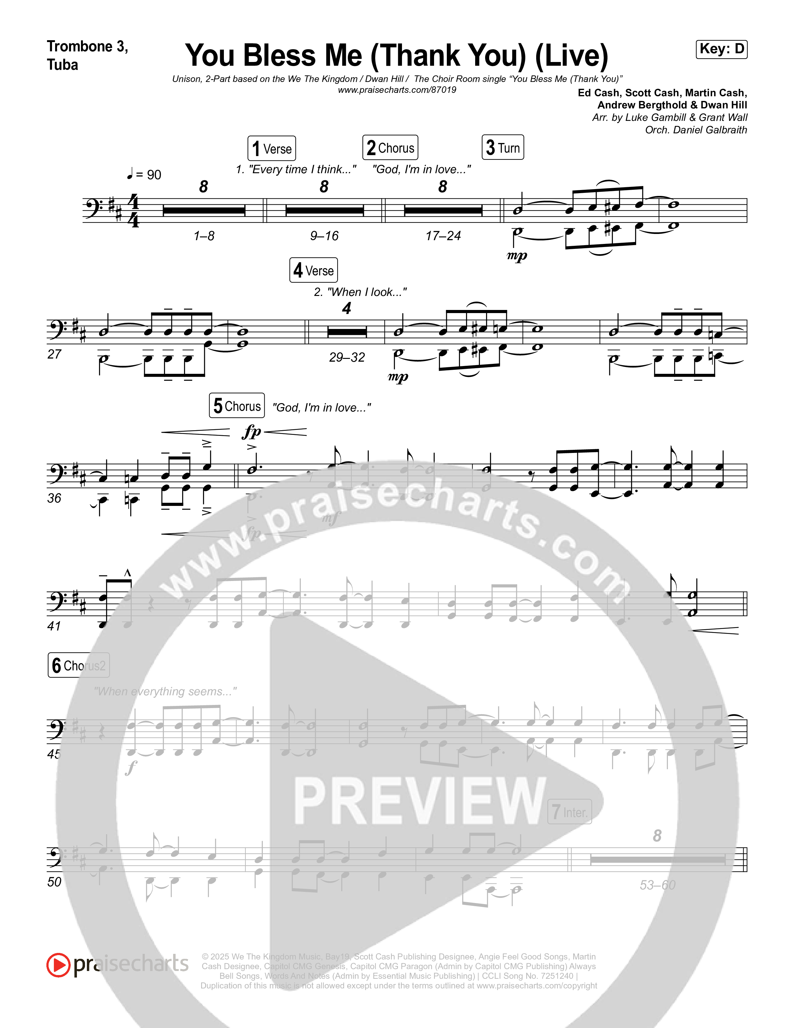 You Bless Me (Thank You) (Unison/2-Part) Trombone 3/Tuba (We The Kingdom / Dwan Hill / The Choir Room / Arr. Luke Gambill)