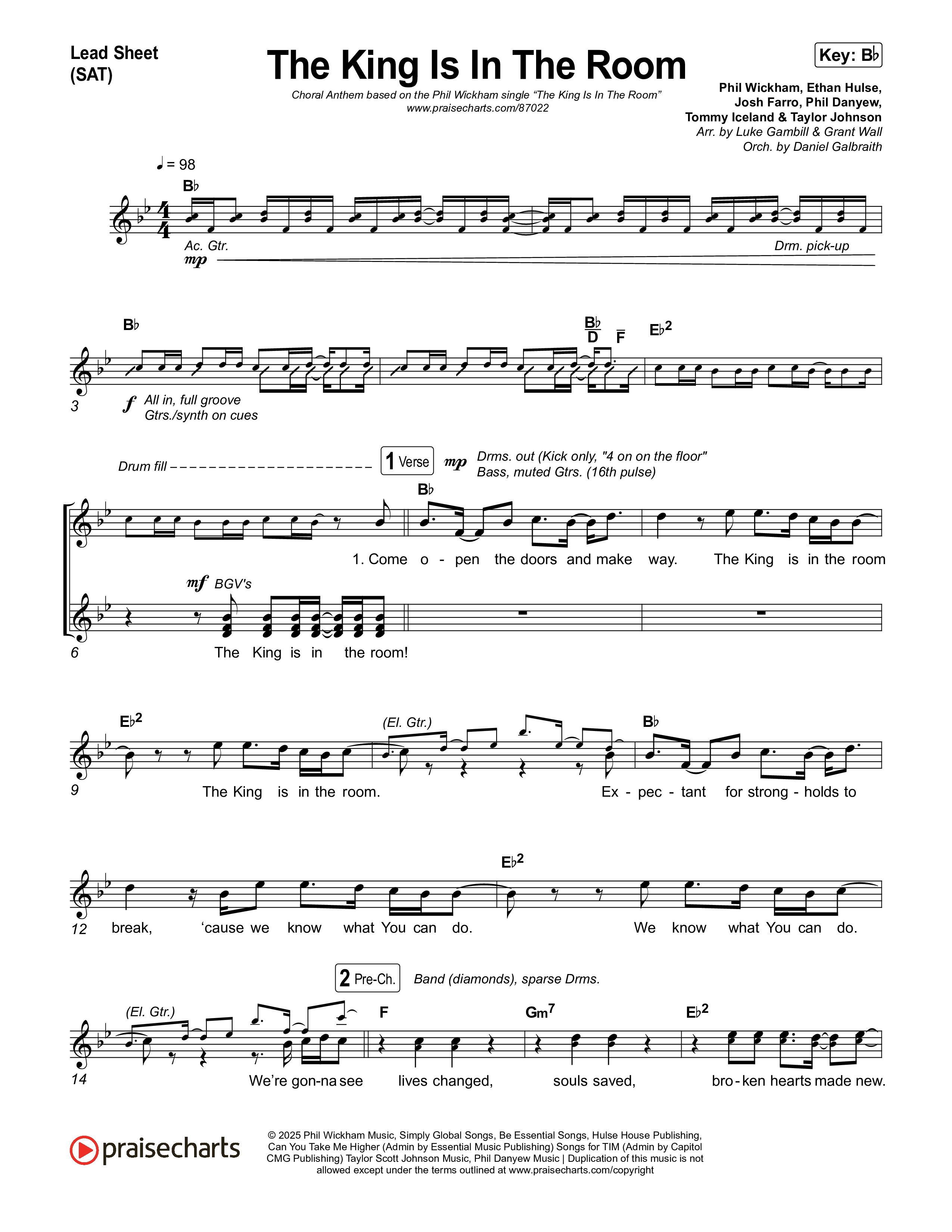The King Is In The Room (Choral Anthem SATB) Lead Sheet (SAT) (Phil Wickham / Arr. Luke Gambill)