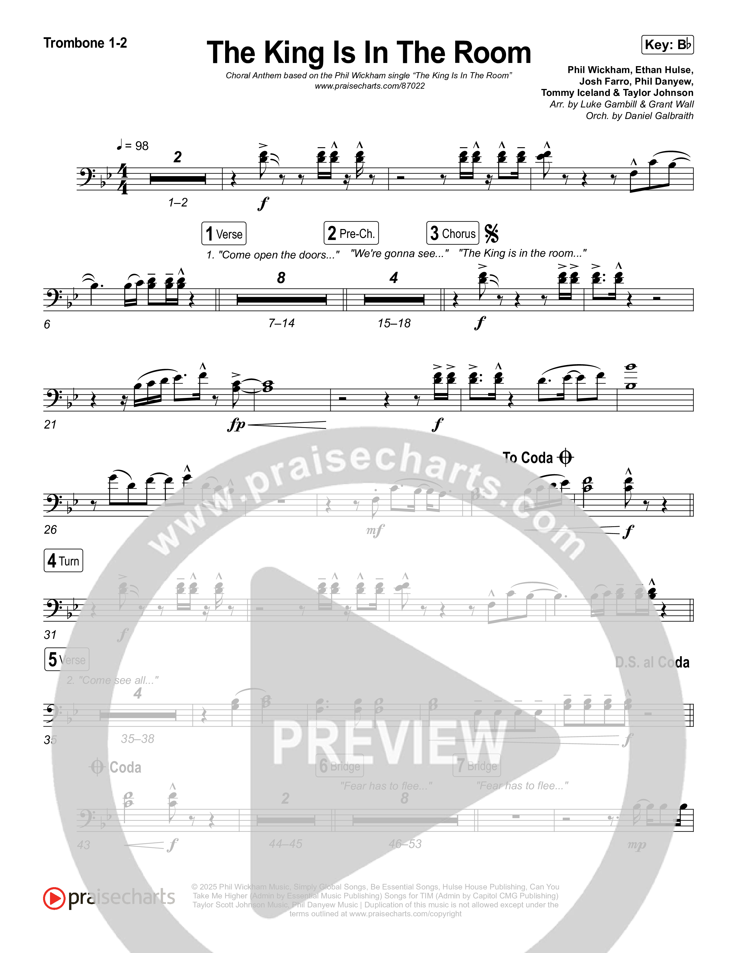 The King Is In The Room (Choral Anthem SATB) Trombone 1,2 (Phil Wickham / Arr. Luke Gambill)