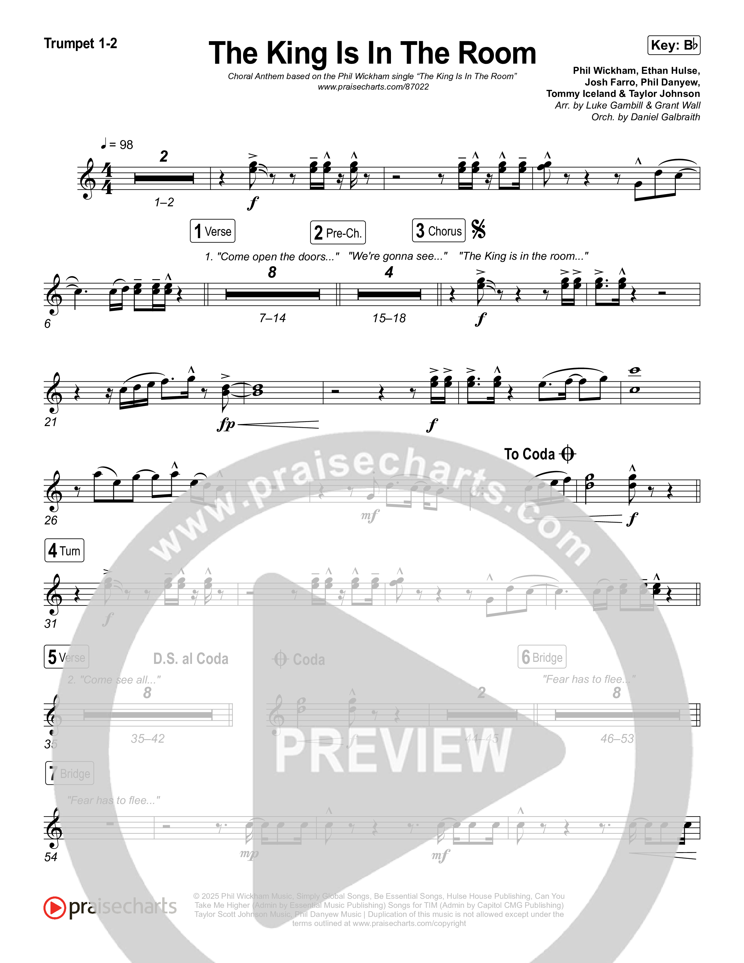 The King Is In The Room (Choral Anthem SATB) Trumpet 1,2 (Phil Wickham / Arr. Luke Gambill)