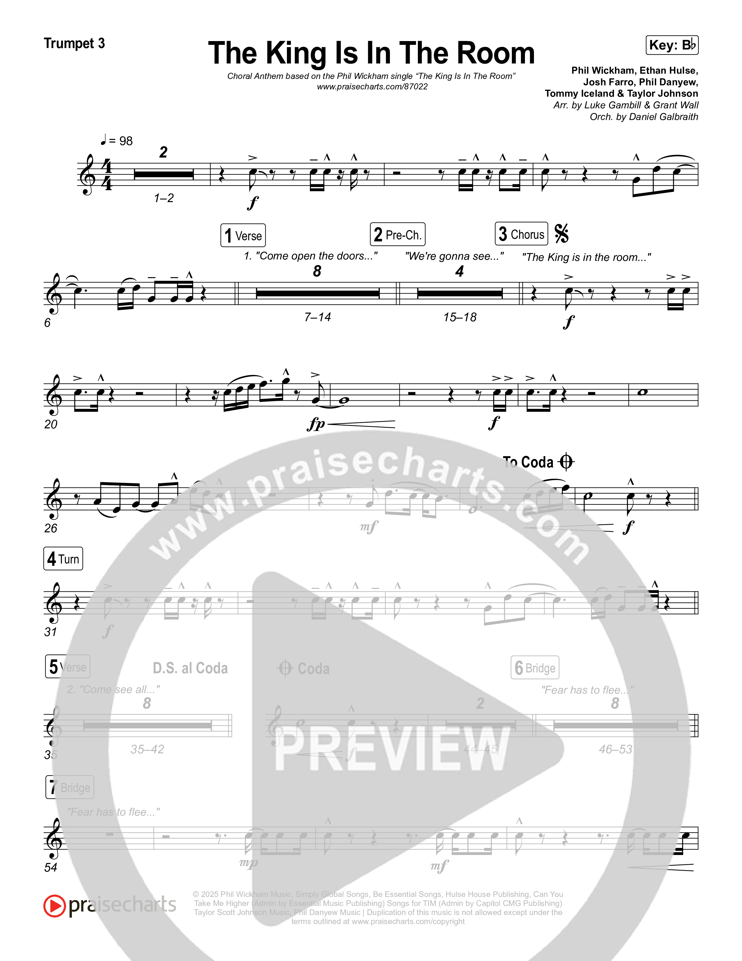 The King Is In The Room (Choral Anthem SATB) Trumpet 3 (Phil Wickham / Arr. Luke Gambill)