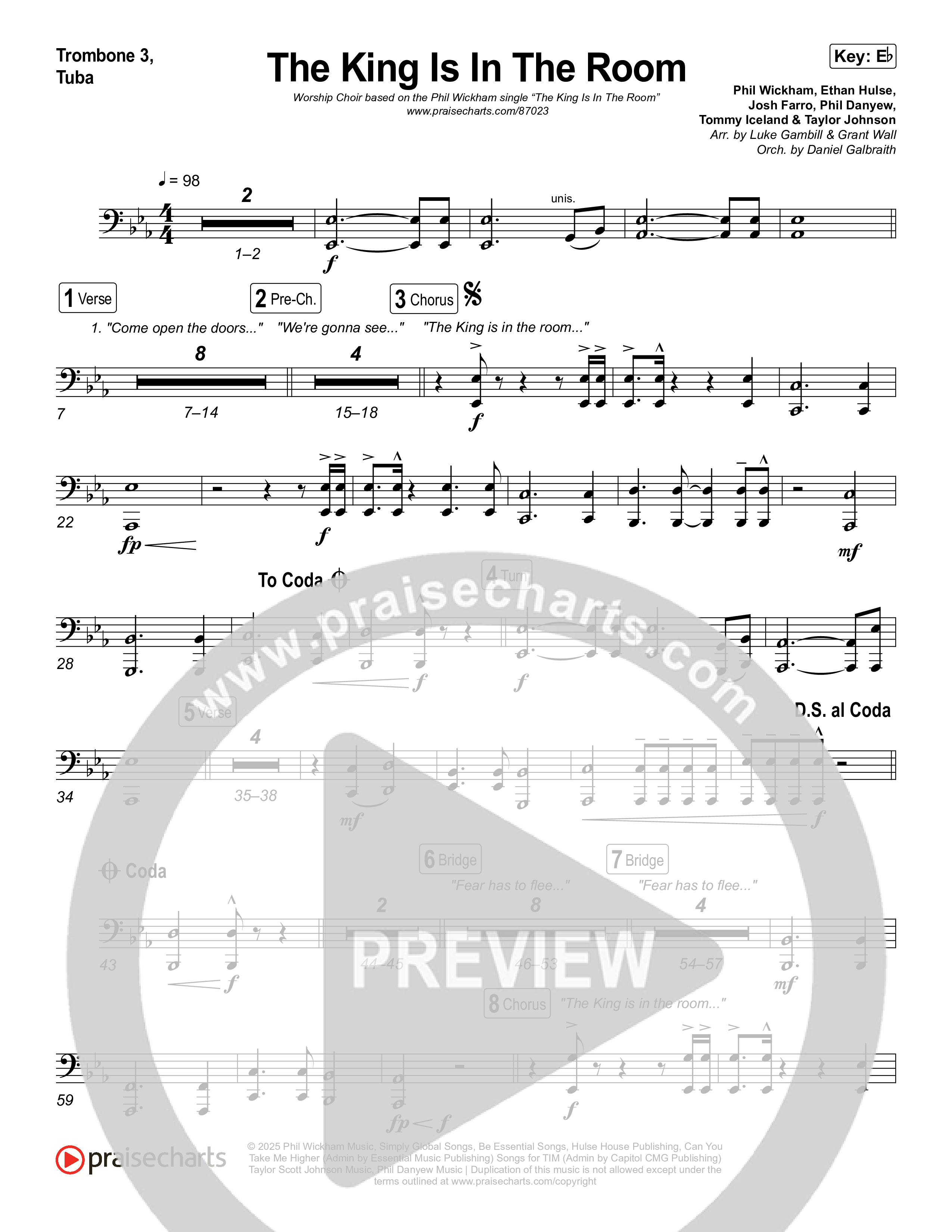 The King Is In The Room (Worship Choir/SAB) Trombone 3/Tuba (Phil Wickham / Arr. Luke Gambill)