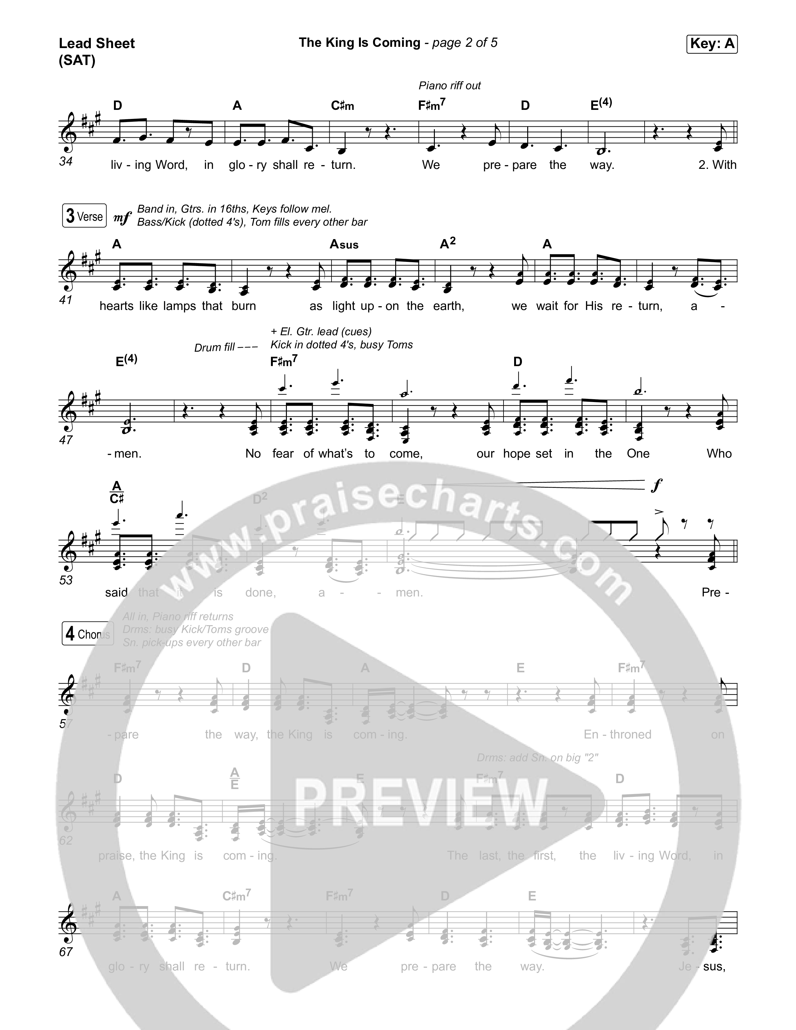 The King Is Coming (Choral Anthem SATB) Lead Sheet (SAT) (Red Rocks Worship)
