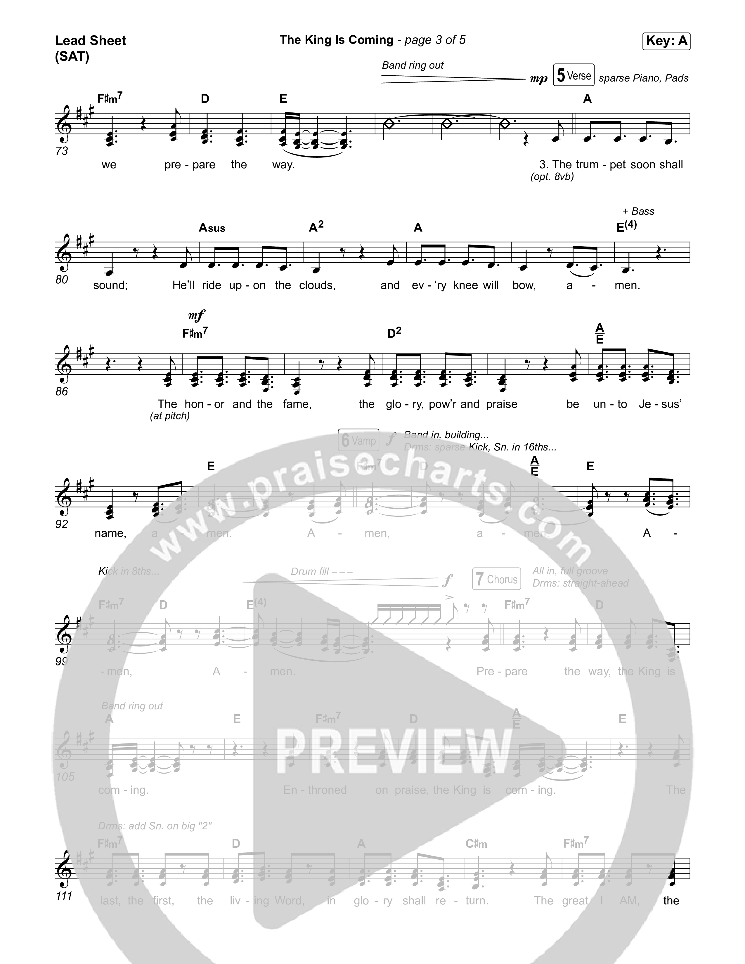 The King Is Coming (Choral Anthem SATB) Lead Sheet (SAT) (Red Rocks Worship)