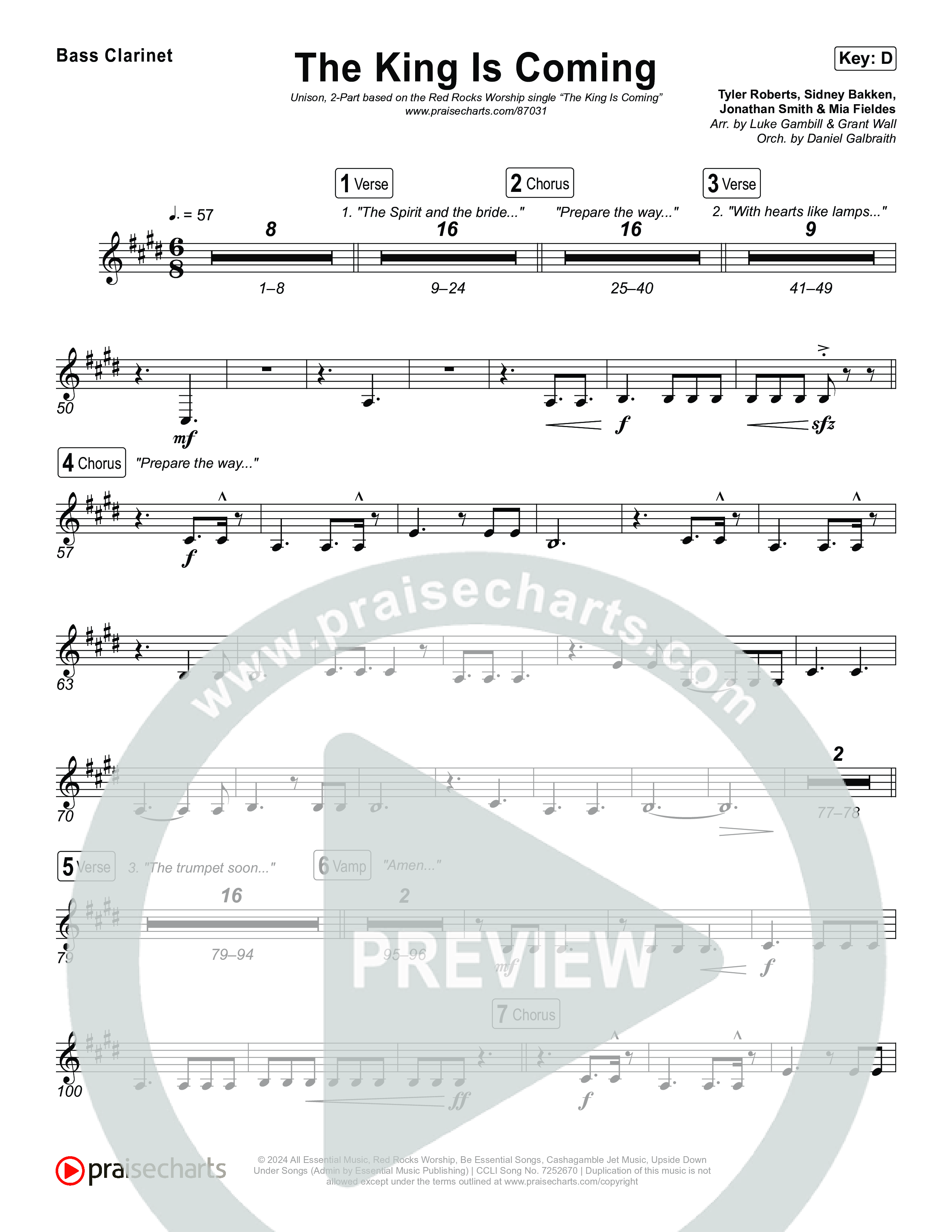 The King Is Coming (Unison/2-Part) Bass Clarinet (Red Rocks Worship / Arr. Luke Gambill)